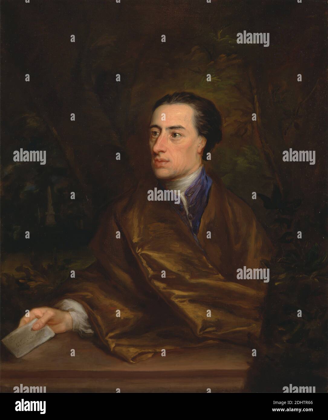 Alexander Pope, Jonathan Richardson il Vecchio, 1667–1745, britannico, 1738, olio su tela, supporto (PTG): 39 x 33 pollici (99.1 x 83.8 cm), costume, foresta, paesaggio, lettera, uomo, manoscritto, obelisco, carta, poeta, ritratto Foto Stock