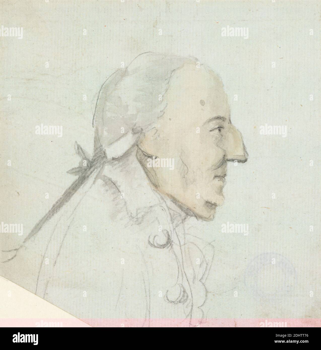 Un uomo con un naso grande: Profilo rivolto a destra, testa e spalle, Henry William Bunbury, 1750–1811, inglese, non satinato, grafite e acquerello su carta media, leggermente testurizzata, wove bianca, foglio: 4 7/8 × 4 3/4 pollici (12.4 × 12.1 cm), caricatura, figure (illustrazioni), uomo, profili (figure), parrucca Foto Stock