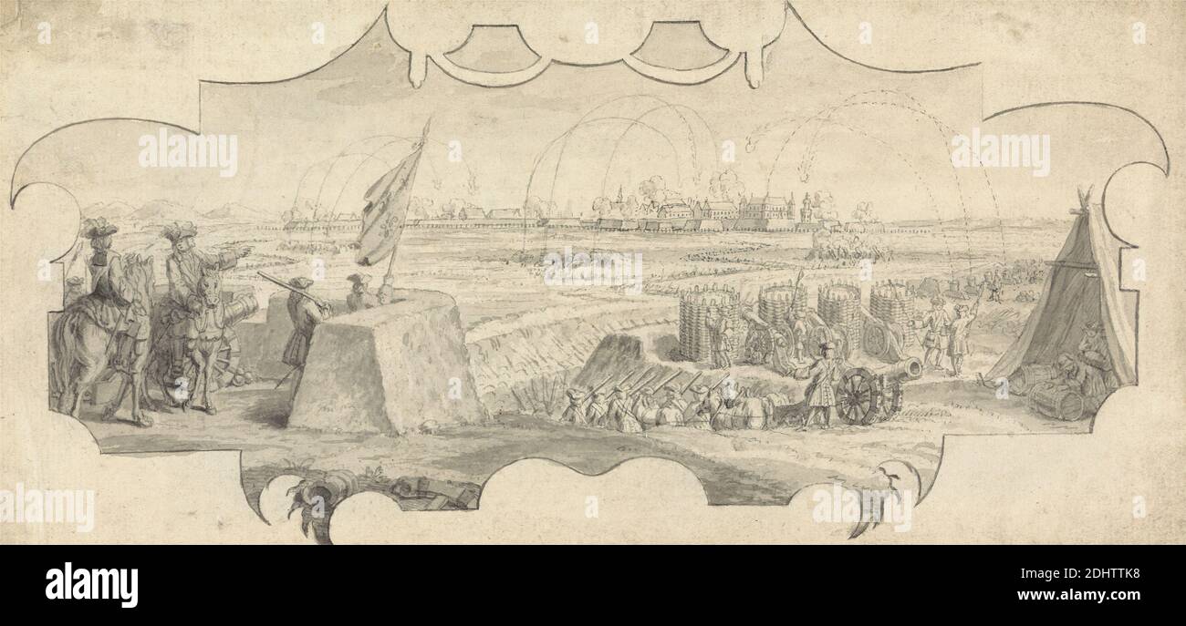 Un ufficiale su un Rampart che dirige il bombardamento di una città lontana, Jan Wyck, ca. 1645–1700, olandese, attivo in Gran Bretagna (da ca. 1664), non satinato, penna e inchiostro nero con lavaggio grigio su carta media, leggermente testurizzata, crema su carta media, leggermente testurizzata, carta di wove crema, foglio: 6 1/2 × 8 1/4 pollici (16.5 × 21 cm), battaglia, bombardo (cannone), arte militare, campo militare, ufficiali (militari), guerra Foto Stock
