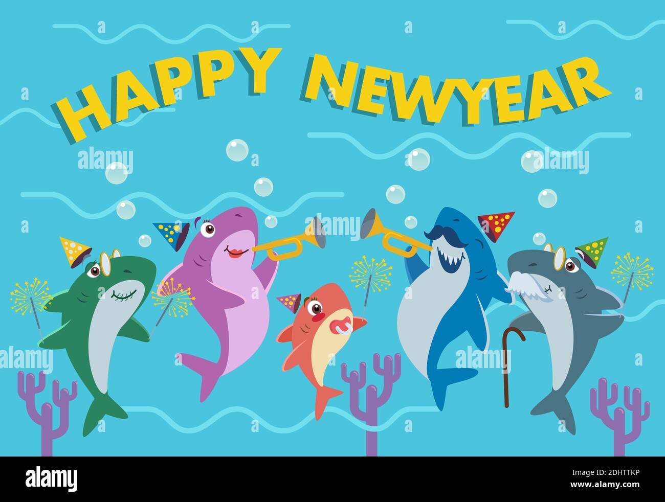 La famiglia degli squali festeggia il nuovo anno. Buon biglietto d'auguri per l'anno nuovo. Illustrazione Vettoriale