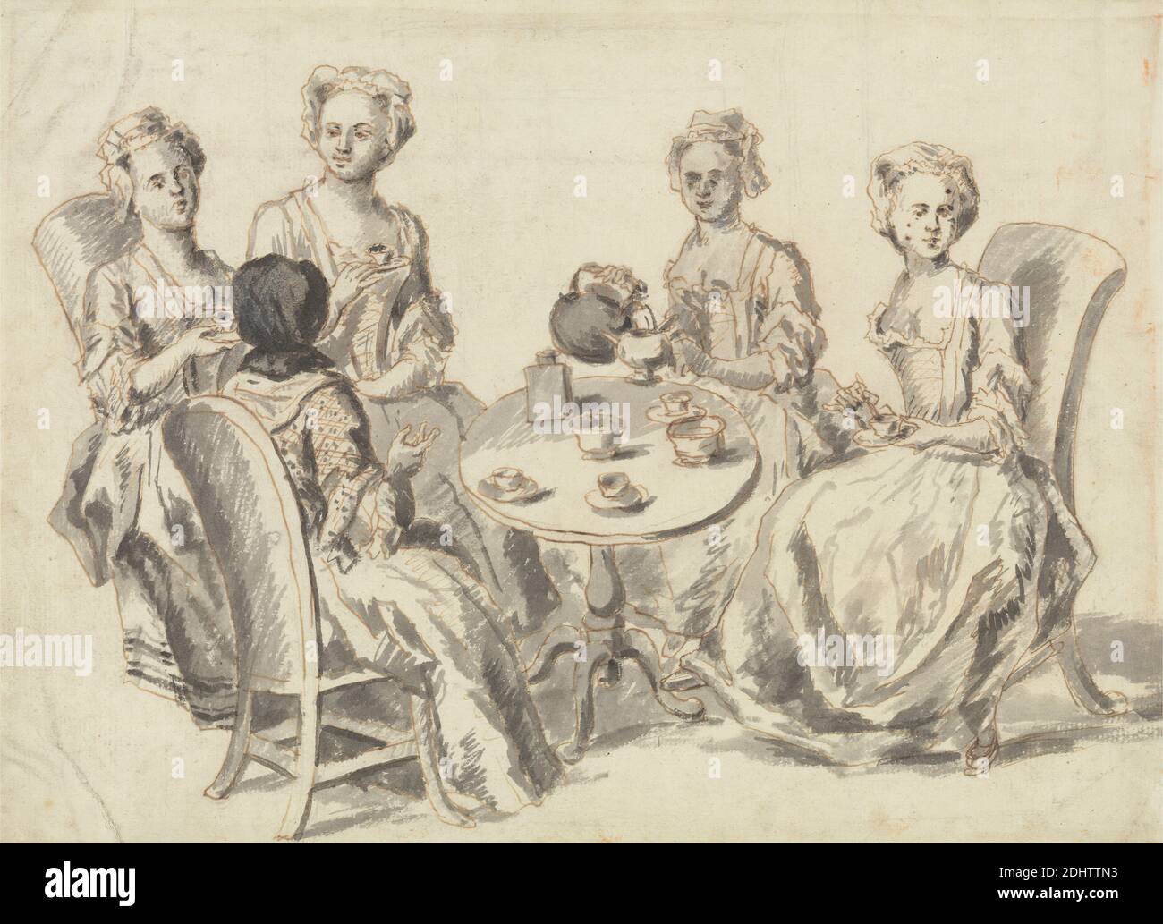 The Tea Party, artista sconosciuto, XVIII secolo, non satinato, inchiostro penna e marrone e lavaggio grigio su carta media, leggermente testurizzata, crema di carta, foglio: 7 1/2 × 10 1/8 pollici (19.1 × 25.7 cm Foto Stock