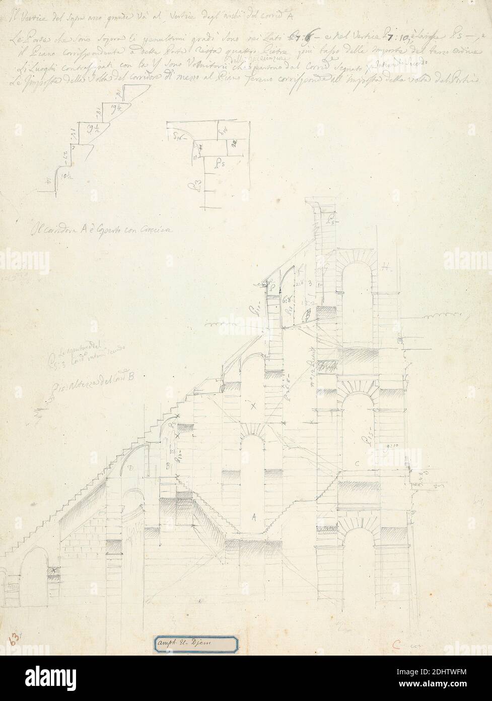 Sezione dell'Anfiteatro di El Djem che mostra archi, scale e livelli di posti a sedere, James Bruce, 1730–1794, inglese, non satinato, grafite, penna e inchiostro nero, matita rossa su carta moderatamente testurizzata, di spessore moderato, carta panna, foglio: 19 1/4 × 14 1/2 pollici (48.9 × 36.8 cm), soggetto architettonico Foto Stock