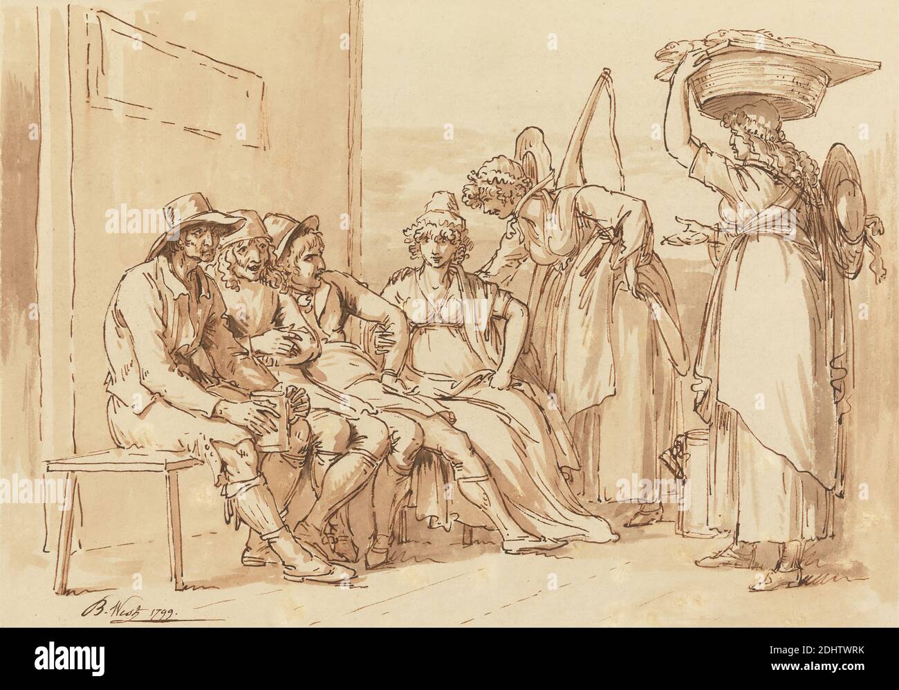 The Rustic Lover, Francis Wheatley, 1747–1801, British, 1786, acquerello con inchiostro nero su grafite, leggermente testurizzato, carta panna, foglio: 17 x 13 3/4 pollici (43.2 x 34.9 cm), grembiule, barile, cesto, uccello, gabbia per uccelli, bodice, cofano, scatola (contenitore), mattoni, fibbie, bottoni, gatto (gatto domestico), sedie, stoffa, cappotto, corteccia, corteggiamento, armadio, distaff, porta, genere soggetto, cappello, cerniere (chiusure), interno (spazio), lacci, foglie, amante, amanti, uomo, latte, tazza, unghie, contadini, pentola, nastro, stanze, piattino, forbici, camicia, scarpe (calzature), gonna, ruote girevoli Foto Stock