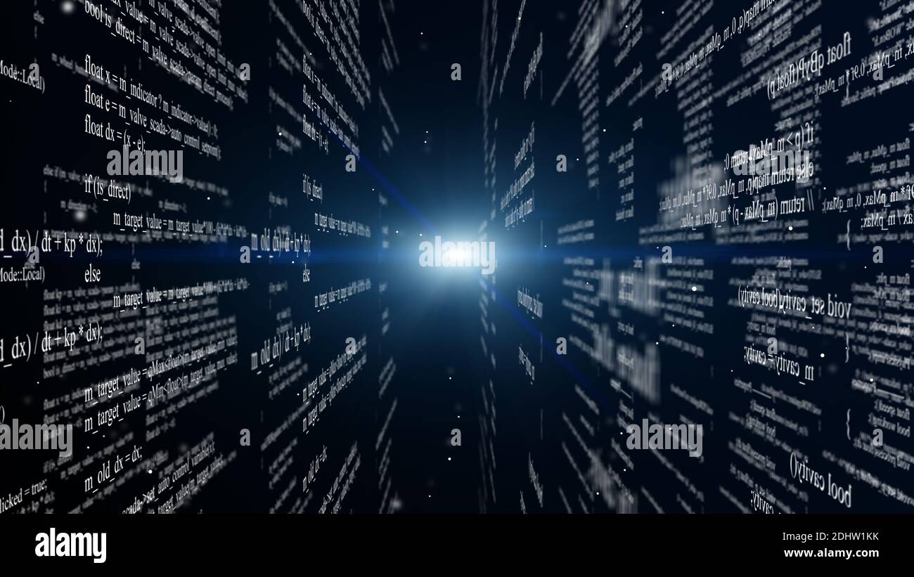 Blocchi di codice di programma che volano nello spazio virtuale Foto Stock