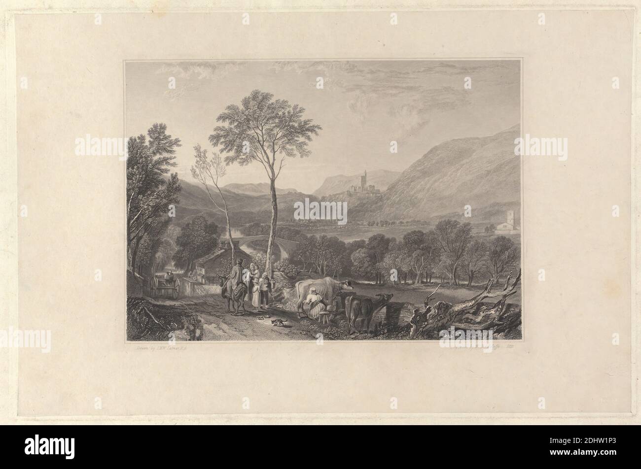 Cantieristica (un vecchio morto di quercia), Edward Alfred Goodall, 1819–1908, British, After Joseph Mallord William Turner, 1775–1851, British, 1834, incisione di linea su carta spessa, leggermente testurizzata, crema, carta di wove, con crema, colla di chine, foglio: 17 3/16 × 11 11/16 pollici (43.7 × 29.7 cm), piatto: 11 7/16 × 6 pollici (29.1 × 15.2 cm), collé Chine: 11 1/8 × 5 5/8 pollici (28.3 × 14.3 cm), e immagine: 2 1/2 × 3 1/4 pollici (6.4 × 8.3 cm Foto Stock