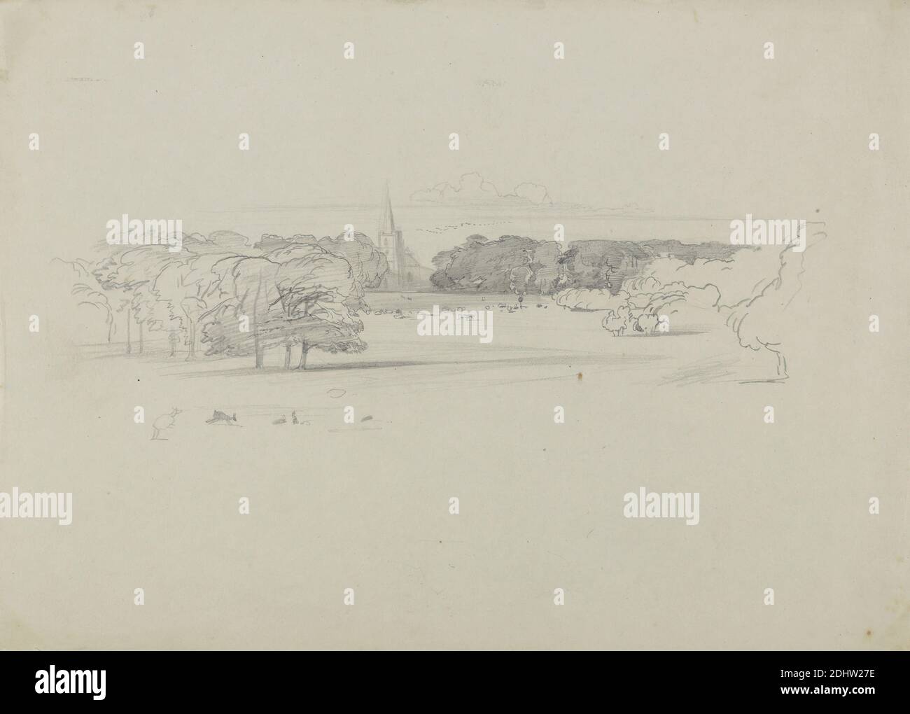 Vista attraverso un prato verso una chiesa, Edward Lear, 1812–1888, inglese, ca. 1834, grafite e sfregamento su carta spessa, moderatamente testurizzata, wove grigia, foglio: 10 x 13 15/16 pollici (25.4 x 35.4 cm), chiesa, paesaggio, prato, alberi Foto Stock