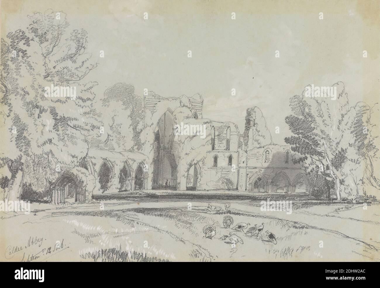 Calder Abbey, settembre 12. 1836, Edward Lear, 1812–1888, British, 1836, grafite con gouache bianche e inciampanti su carta di wove grigia di spessore moderato, con trama moderata, foglio: 9 1/8 x 13 1/8 pollici (23.2 x 33.3 cm), abbazia, archi, soggetto architettonico, cistercense, figure, erba, paesaggio, monastero, rovine, alberi, tacchini (uccelli), Cumbria, Inghilterra, Regno Unito Foto Stock