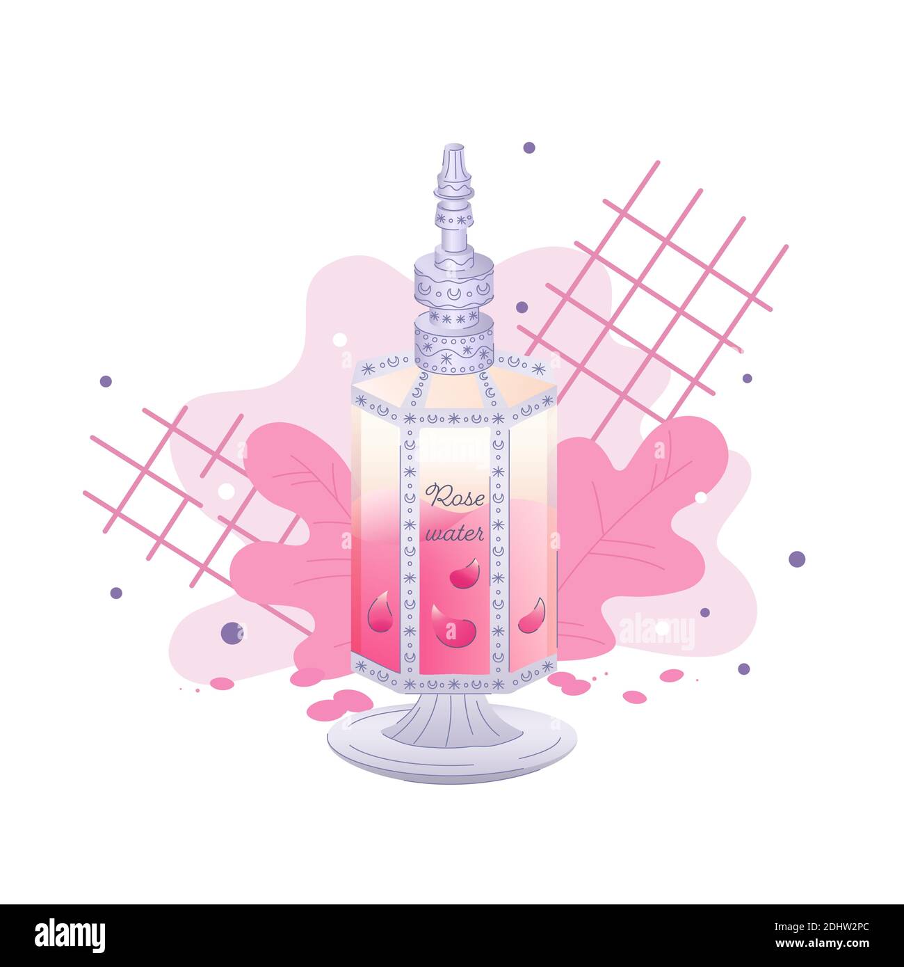 Bottiglia d'acqua rosa - illustrazione, disegnata a mano e semplice. Olio essenziale di rosa in bottiglia per stampa, adesivo, etichetta di cosmetici naturali Illustrazione Vettoriale