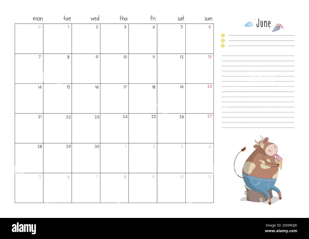 Stampa A4 planner page per giugno 2021 con un bel toro, mucca o bue, il simbolo del nuovo anno 2021 secondo il calendario cinese. La settimana inizia il Illustrazione Vettoriale