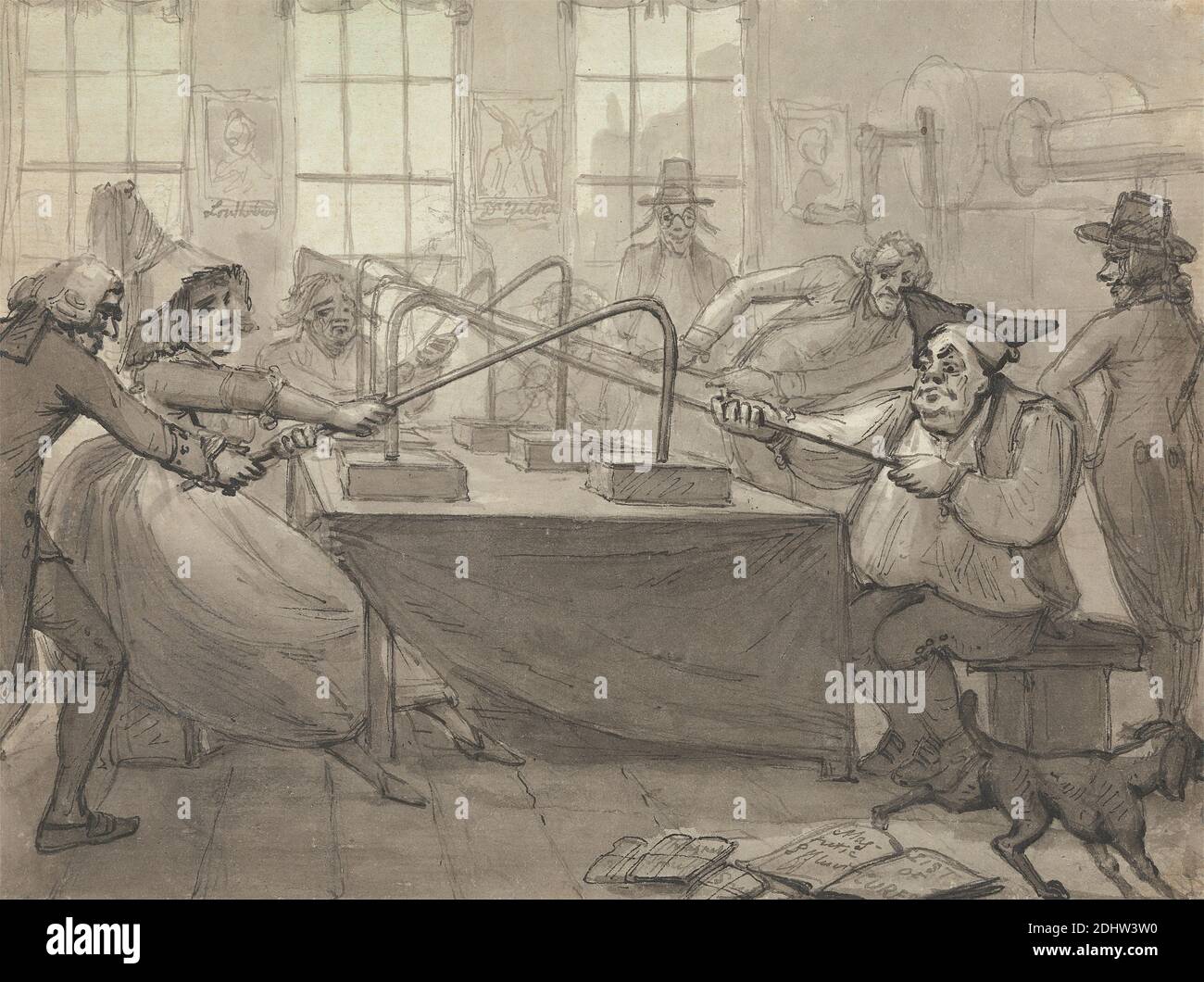 Dispensario magnetico, Samuel Collings, attivo 1784–1795, inglese, non satinato, grafite, penna e inchiostro nero e lavaggio grigio su carta media, moderatamente testurizzata, crema, foglio: 6 9/16 × 8 11/16 pollici (16.7 × 22.1 cm Foto Stock