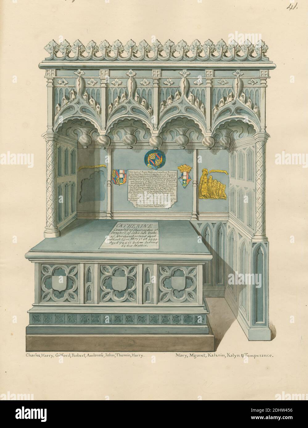 Tomba di Caterina, contessa di Huntingdon, e Lady Jane Guildeford, Duchessa di Northumberland della Chiesa di Chelsea, attribuita a Daniel Lysons, 1762–1834, inglese, tra il 1796 e il 1811, penna e inchiostro nero, acquerello e gouache su grafite media, leggermente testurizzata, carta di wove crema, foglio: 13 1/8 × 10 3/8 pollici (33.3 × 26.4 cm), soggetto architettonico, chiesa, monumento, tombe, Chelsea, Inghilterra, Grande Londra, Londra, Old Chelsea Church, Regno Unito Foto Stock