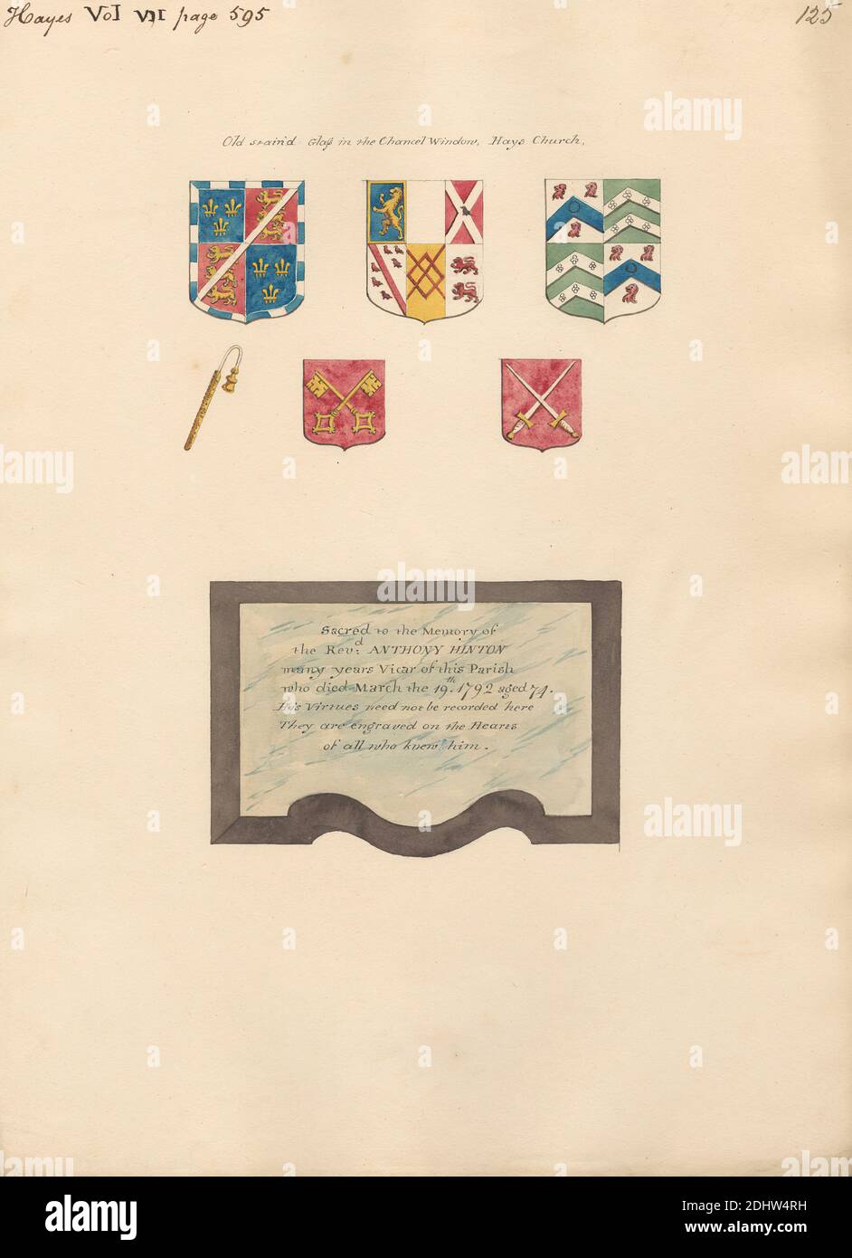 Old Stained Glass in the Chanel Window aslo Memorial al reverendo Anthony Hilton di Hayes, attribuito a Daniel Lysons, 1762–1834, britannico, tra il 1796 e il 1811, penna e inchiostro nero, acquerello e gouache su grafite media, leggermente testurizzata, carta di wove crema, foglio: 14 5/8 × 10 5/8 pollici (37.1 × 27 cm), soggetto architettonico, chiesa, monumento, vetrate, Inghilterra, Grande Londra, Londra, Regno Unito Foto Stock