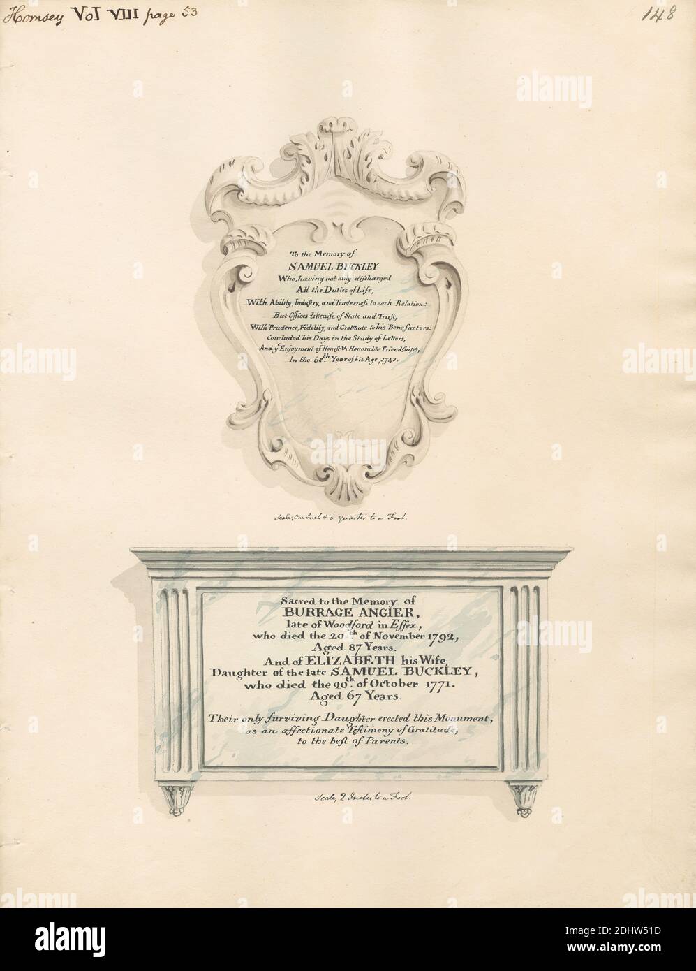 Memoriale a Samuel Buckley, anche a Burrage e Elizabeth Angler, attribuito a Daniel Lysons, 1762–1834, British, tra il 1796 e il 1811, penna e inchiostro nero e acquerello su grafite media, leggermente testurizzata, carta di wove crema, foglio: 14 × 10 5/8 pollici (35.6 × 27 cm), soggetto architettonico, chiesa, monumento, Inghilterra, Grande Londra, Londra, Regno Unito Foto Stock Memoriale a Samuel Buckley, anche a Burrage e Elizabeth Angler, attribuito a Daniel Lysons, 1762–1834, British, tra il 1796 e il 1811, penna e inchiostro nero e acquerello su grafite media, leggermente testurizzata, carta di wove crema, foglio: 14 × 10 5/8 pollici (35.6 × 27 cm), soggetto architettonico, chiesa, monumento, Inghilterra, Grande Londra, Londra, Regno Unito Foto Stock
