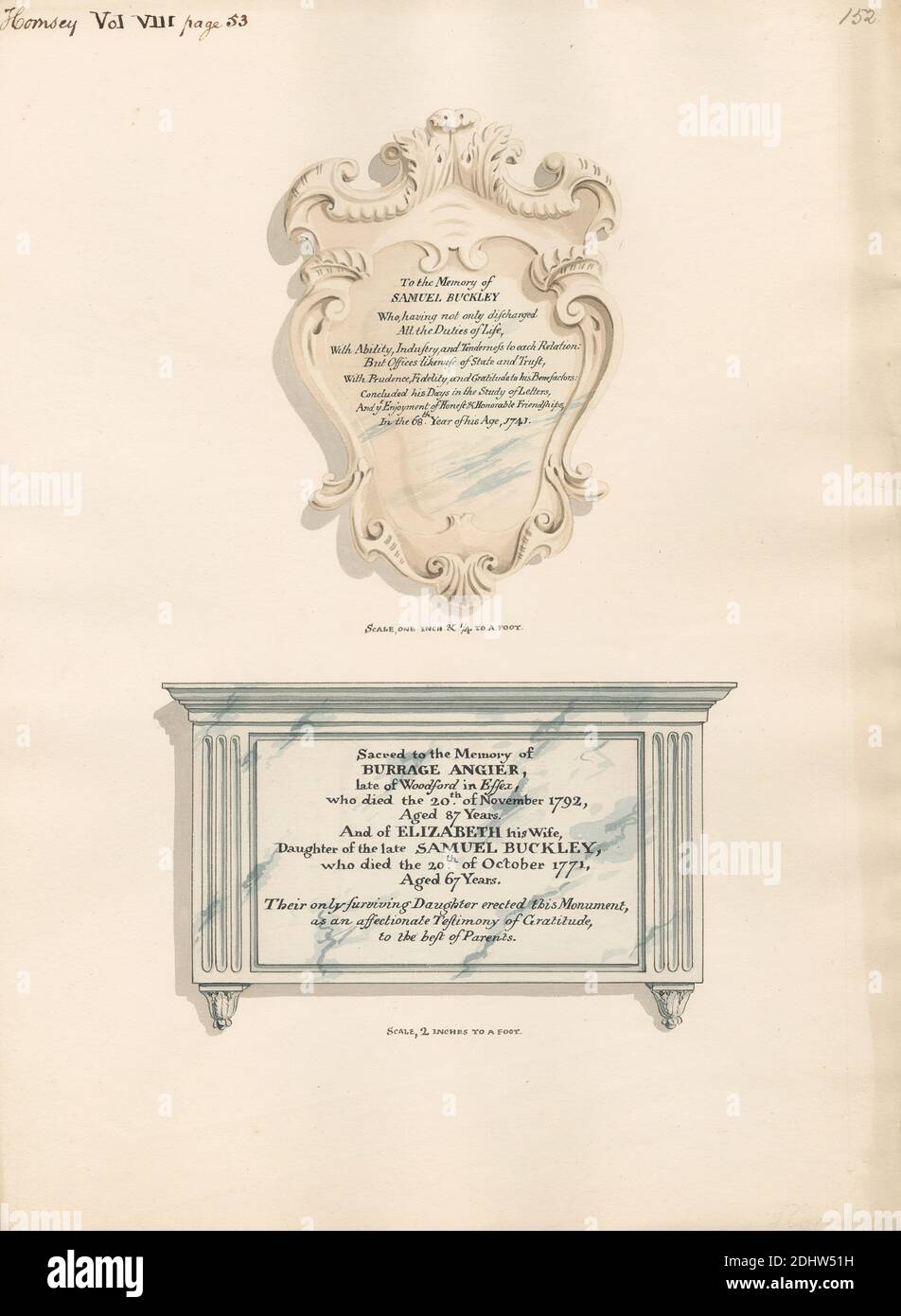 Memoriale a Samuel Buckley e Burrage e Elizabeth Angier, attribuito a Daniel Lysons, 1762–1834, British, tra il 1796 e il 1811, penna e inchiostro nero e acquerello su grafite su carta media, leggermente testurizzata, crema di wove, foglio: 14 1/2 × 10 7/8 pollici (36.8 × 27.6 cm), soggetto architettonico, chiesa, monumento, Inghilterra, Grande Londra, Londra, Regno Unito Foto Stock Memoriale a Samuel Buckley e Burrage e Elizabeth Angier, attribuito a Daniel Lysons, 1762–1834, British, tra il 1796 e il 1811, penna e inchiostro nero e acquerello su grafite su carta media, leggermente testurizzata, crema di wove, foglio: 14 1/2 × 10 7/8 pollici (36.8 × 27.6 cm), soggetto architettonico, chiesa, monumento, Inghilterra, Grande Londra, Londra, Regno Unito Foto Stock