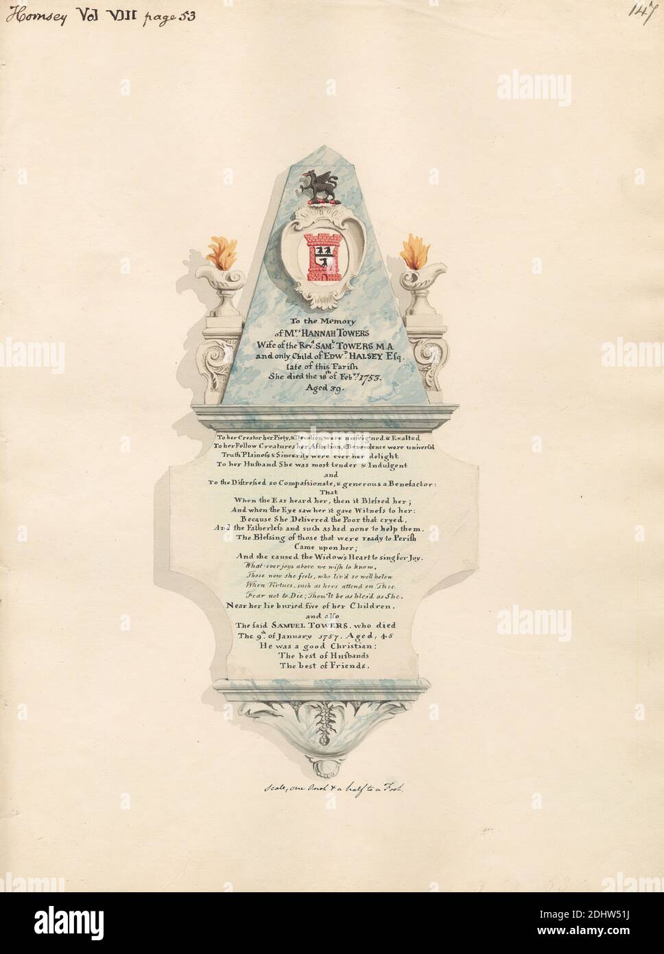Monumento commemorativo alle torri di Hannah, alle torri di Samuel e a cinque dei loro figli, attribuito a Daniel Lysons, 1762–1834, britannico, tra il 1796 e il 1811, penna e inchiostro nero e acquerello su grafite media, leggermente testurizzata, carta di color crema, foglio: 14 1/4 × 10 3/4 pollici (36.2 × 27.3 cm), soggetto architettonico, chiesa, monumento, Inghilterra, Grande Londra, Londra, Regno Unito Foto Stock Monumento commemorativo alle torri di Hannah, alle torri di Samuel e a cinque dei loro figli, attribuito a Daniel Lysons, 1762–1834, britannico, tra il 1796 e il 1811, penna e inchiostro nero e acquerello su grafite media, leggermente testurizzata, carta di color crema, foglio: 14 1/4 × 10 3/4 pollici (36.2 × 27.3 cm), soggetto architettonico, chiesa, monumento, Inghilterra, Grande Londra, Londra, Regno Unito Foto Stock