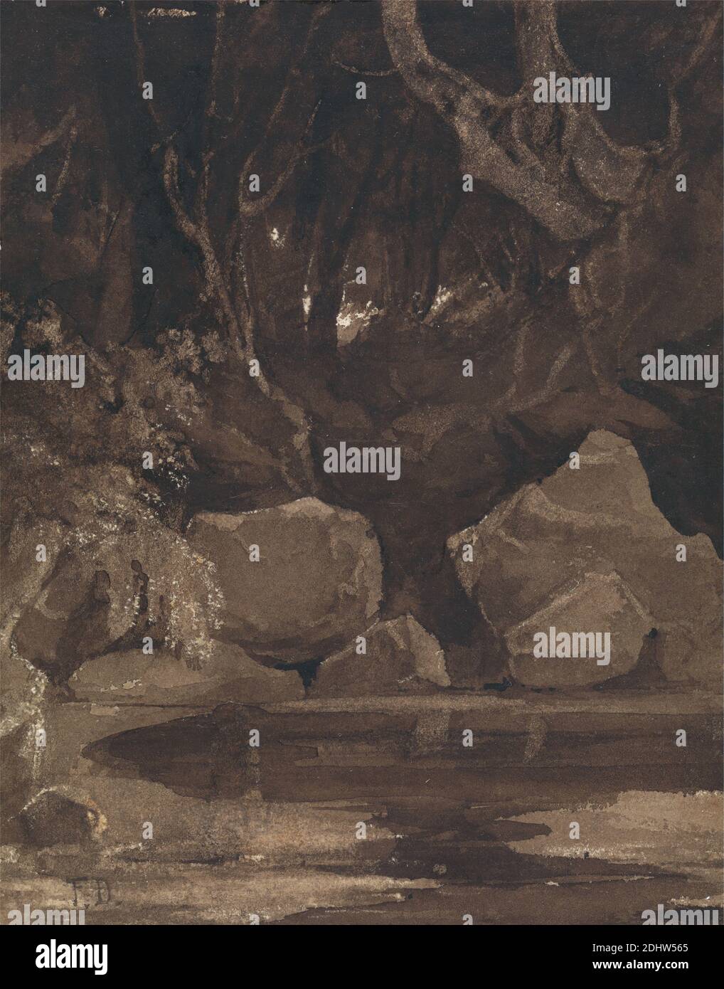 The Haunted Wood, Francis Danby, 1793–1861, irlandese, non satinato, marrone lavaggio e inchiostro marrone con graffiatura su carta di wove leggermente spessa, leggermente testurizzata, crema, foglio: 6 1/4 x 4 7/8 pollici (15.9 x 12.4 cm), scuro, folklore, geologia, paesaggio, luce, notte, stagno, rocce (forme di terra), ombra, alberi, legno Foto Stock