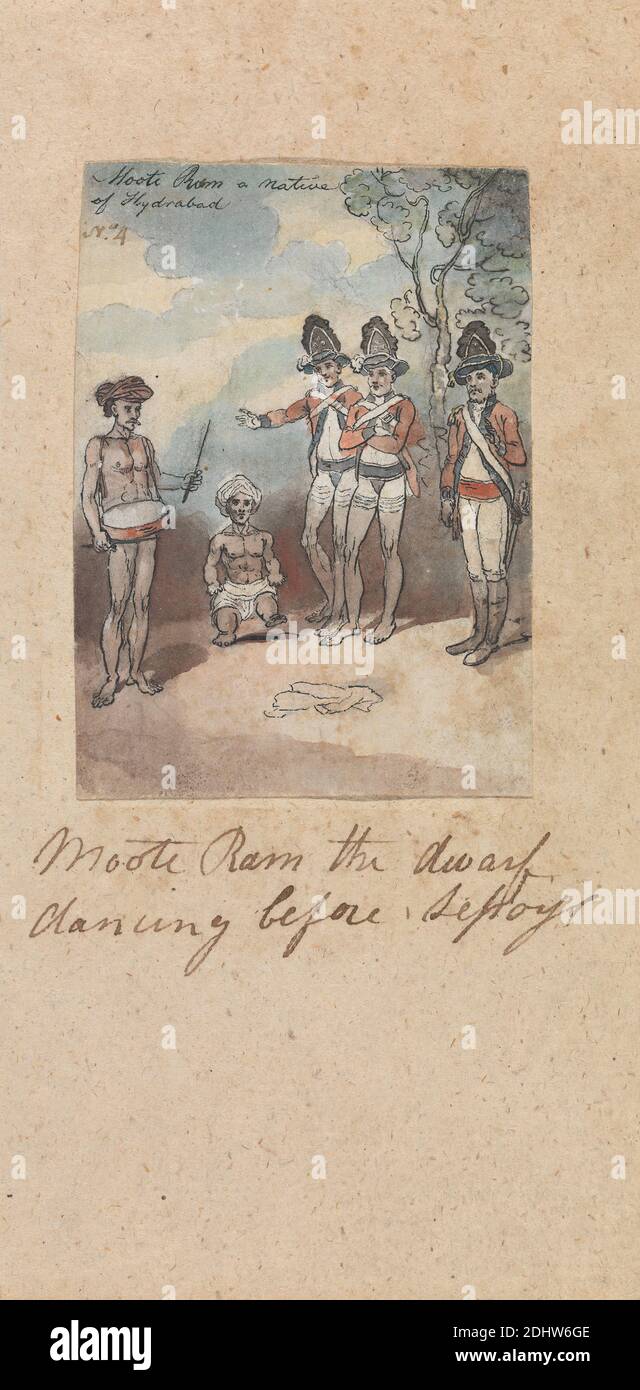 Moote RAM The Dwarf Dancing Before Sepoys, Robert Mabon, morto 1798, britannico, non satinato, acquerello e grafite con penna e inchiostro nero su carta media, leggermente testurizzata, carta crema, foglio: 3 1/4 × 2 3/8 pollici (8.3 × 6 cm), danza, nano, arte militare, soldati Foto Stock