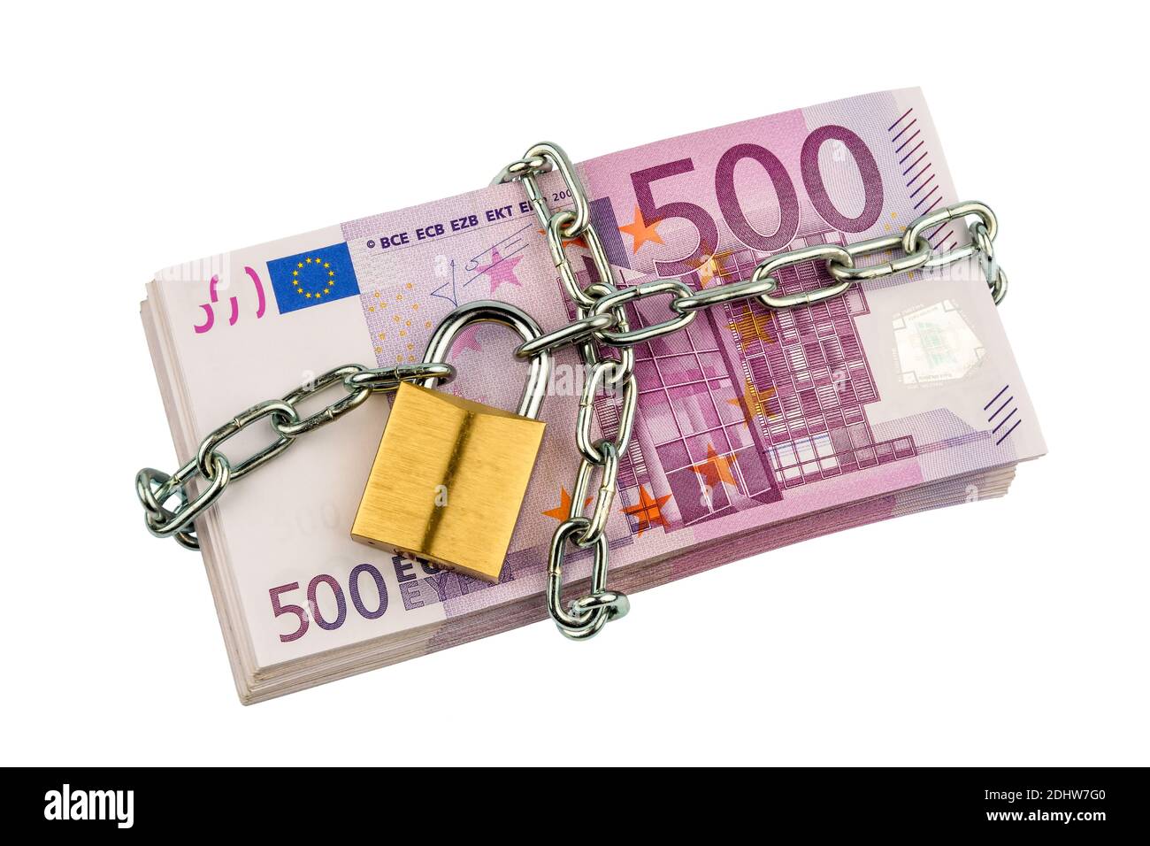 500er Euro-Banknoten, gesichert mit Kette und Sicherheitsschloss Foto Stock