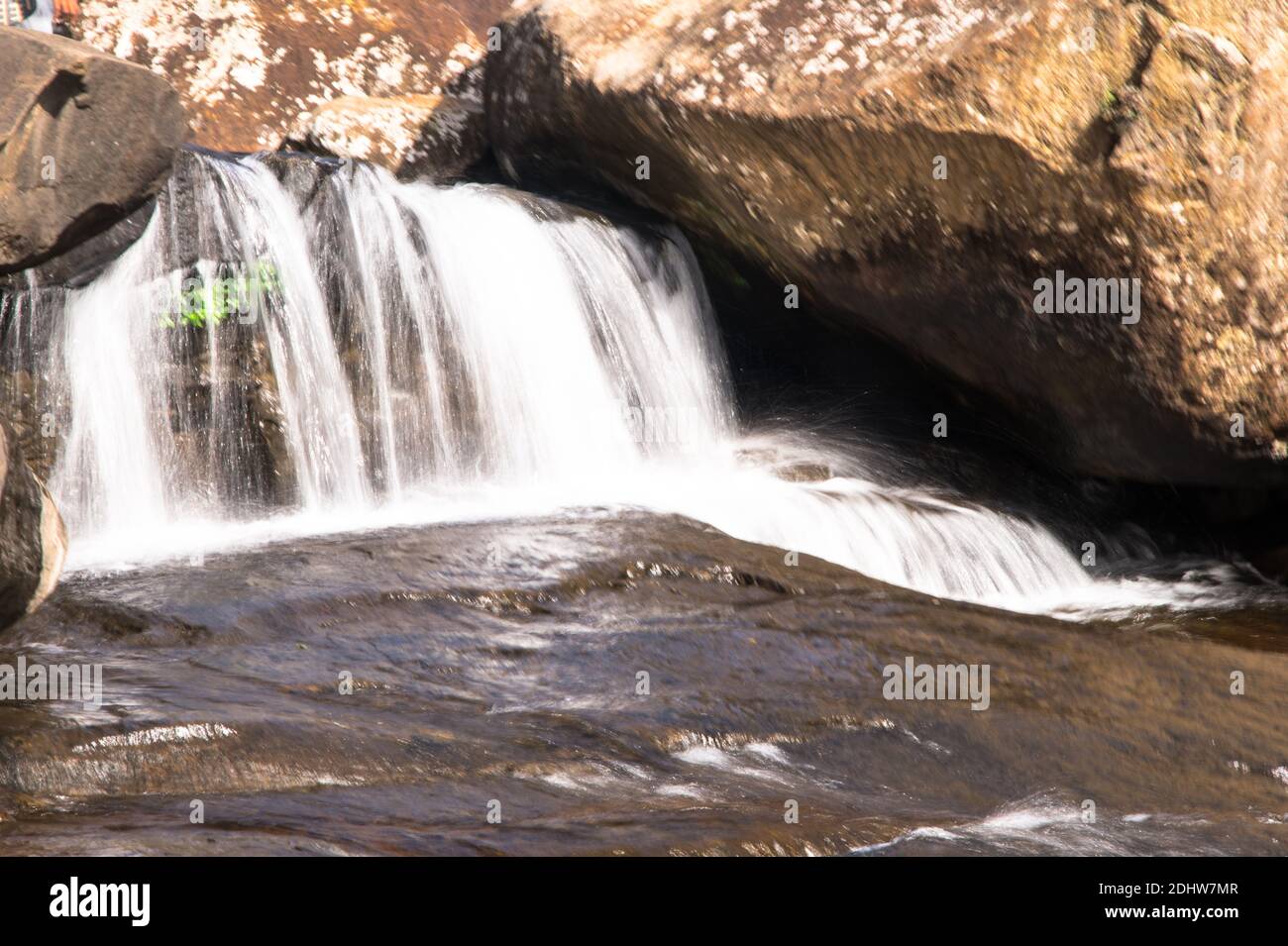 Un paesaggio bianco e nero di un ruscello di montagna che scorre fluente con un bel contrasto Foto Stock