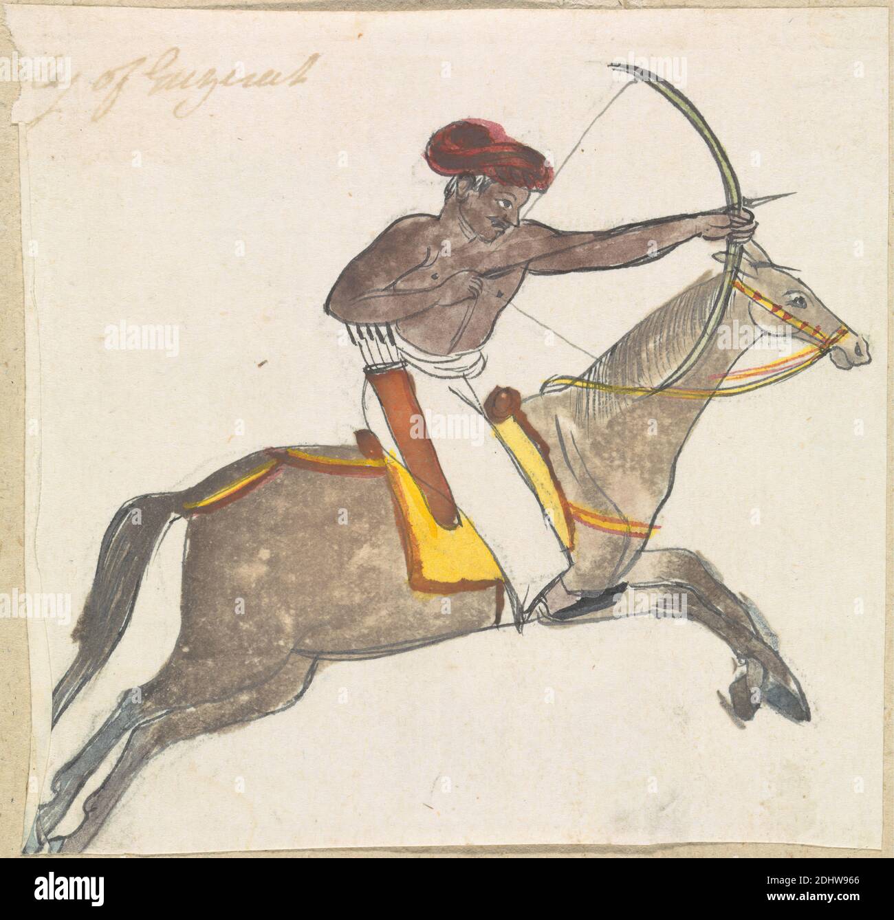 Archer su Horseback, Gangaram Chintaman Tambat, attivo 1790 s, anglo-indiano, non satinato, acquerello, grafite, e penna e inchiostro nero su media, leggermente testurizzata, carta crema posata, foglio: 5 1/4 × 5 1/8 pollici (13.3 × 13 cm Foto Stock