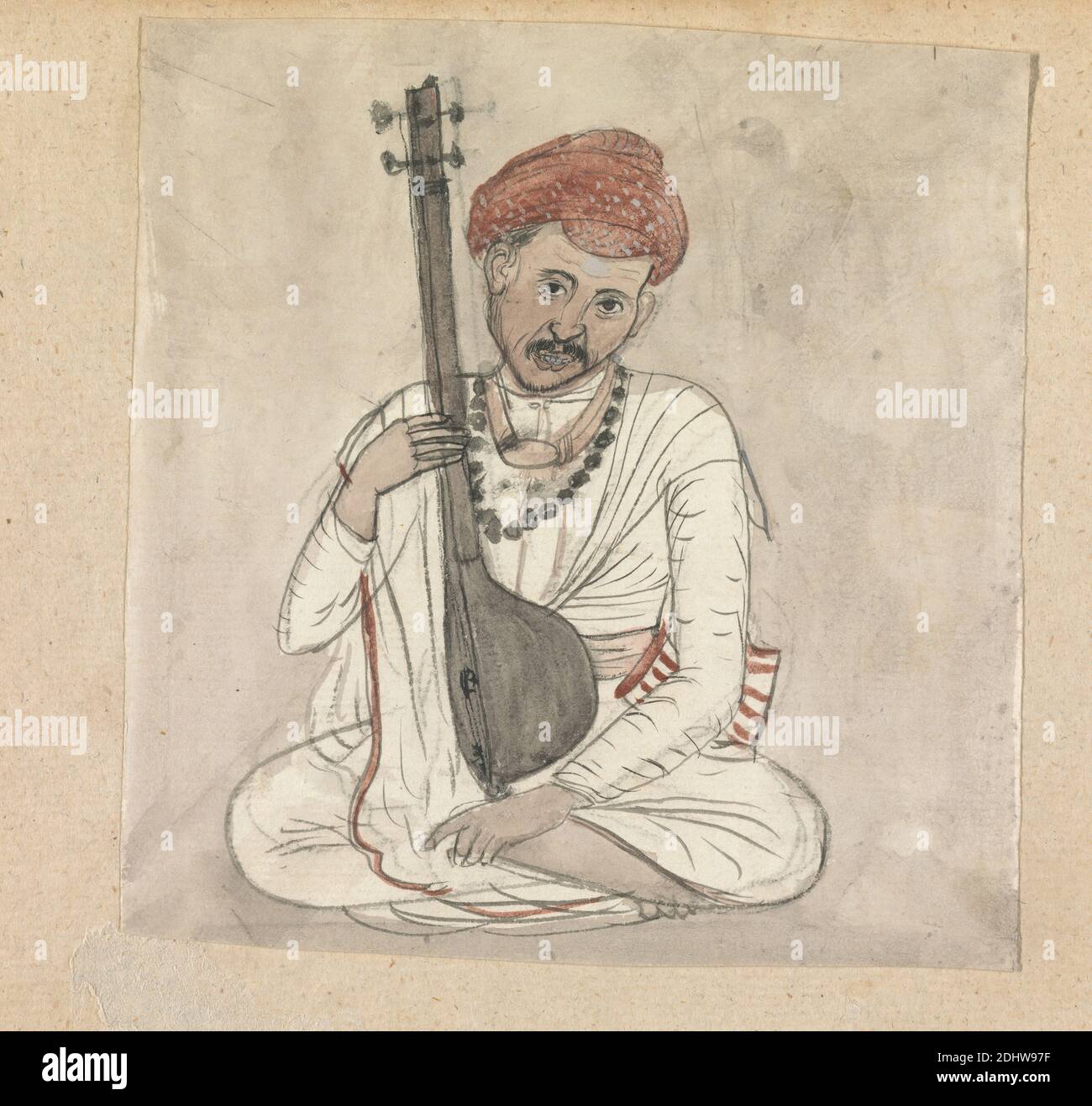 Uomo con uno strumento a strisce, attribuito a Gangaram Chintaman Tambat, attivo 1790, anglo-indiano, non satinato, acquerello, gouache, e grafite con penna e inchiostro nero su carta media, leggermente testurizzata, crema di carta, foglio: 6 1/8 × 6 1/2 pollici (15.6 × 16.5 cm Foto Stock