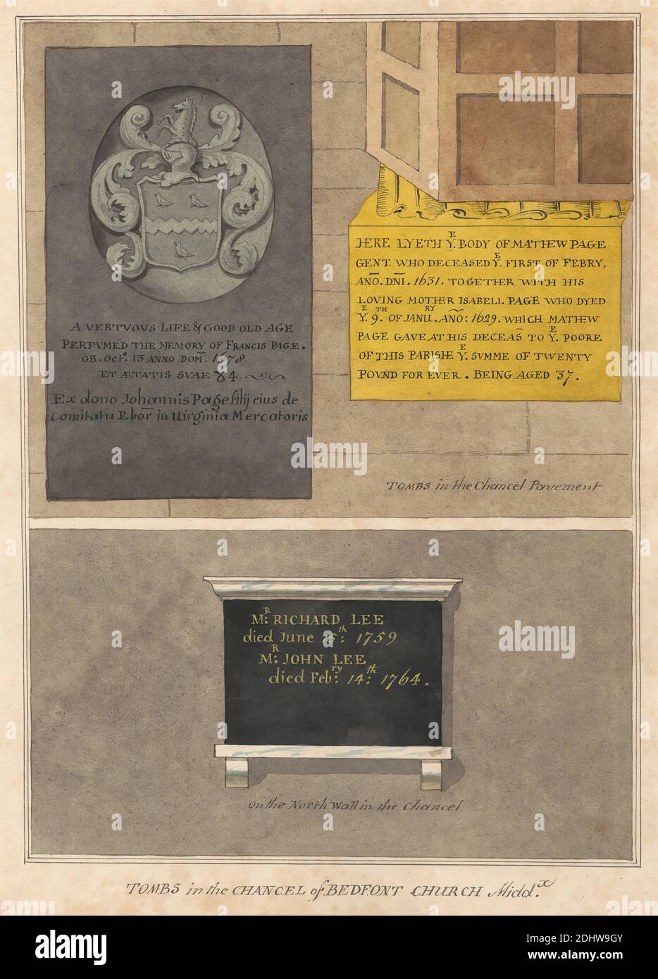 Memoriali a Francis Page, Mathew e Isobel Page e Richard Lee della Chiesa di Bedford, Daniel Lysons, 1762–1834, British, tra il 1796 e il 1811, penna e inchiostro nero, acquerello e gouache su grafite media, leggermente testurizzata, carta di wove crema, foglio: 15 × 11 1/8 pollici (38.1 × 28.3 cm), soggetto architettonico, chiesa, monumento, Bedfont, Inghilterra, Grande Londra, Londra, Chiesa parrocchiale di St Mary the Virgin, Regno Unito, Londra ovest Foto Stock