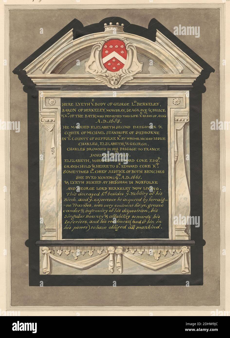 Memoriale a George Lord Berkeley della chiesa di Cranford, Daniel Lysons, 1762–1834, inglese, tra il 1796 e il 1811, penna e inchiostro nero, acquerello e gouache su grafite media, leggermente testurizzata, carta di wove crema, foglio: 14 5/8 × 10 3/4 pollici (37.1 × 27.3 cm), soggetto architettonico, chiesa, monumento, Cranford, Cranford St Dunstan con angeli santi, Inghilterra, Grande Londra, Hounslow, Londra, Regno Unito Foto Stock