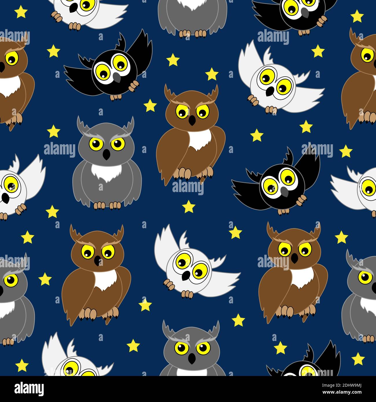 Gufi di vari colori di notte. Illustrazione vettoriale senza giunture. Illustrazione Vettoriale