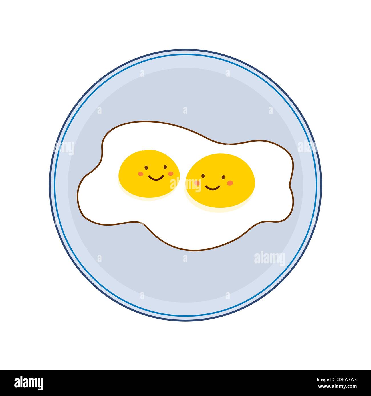 Omelette due yolk con Sweet Smiling Happy Cartoon volti su un piatto con un bordo blu, stile piatto, isolato su bianco. Illustrazione Vettoriale