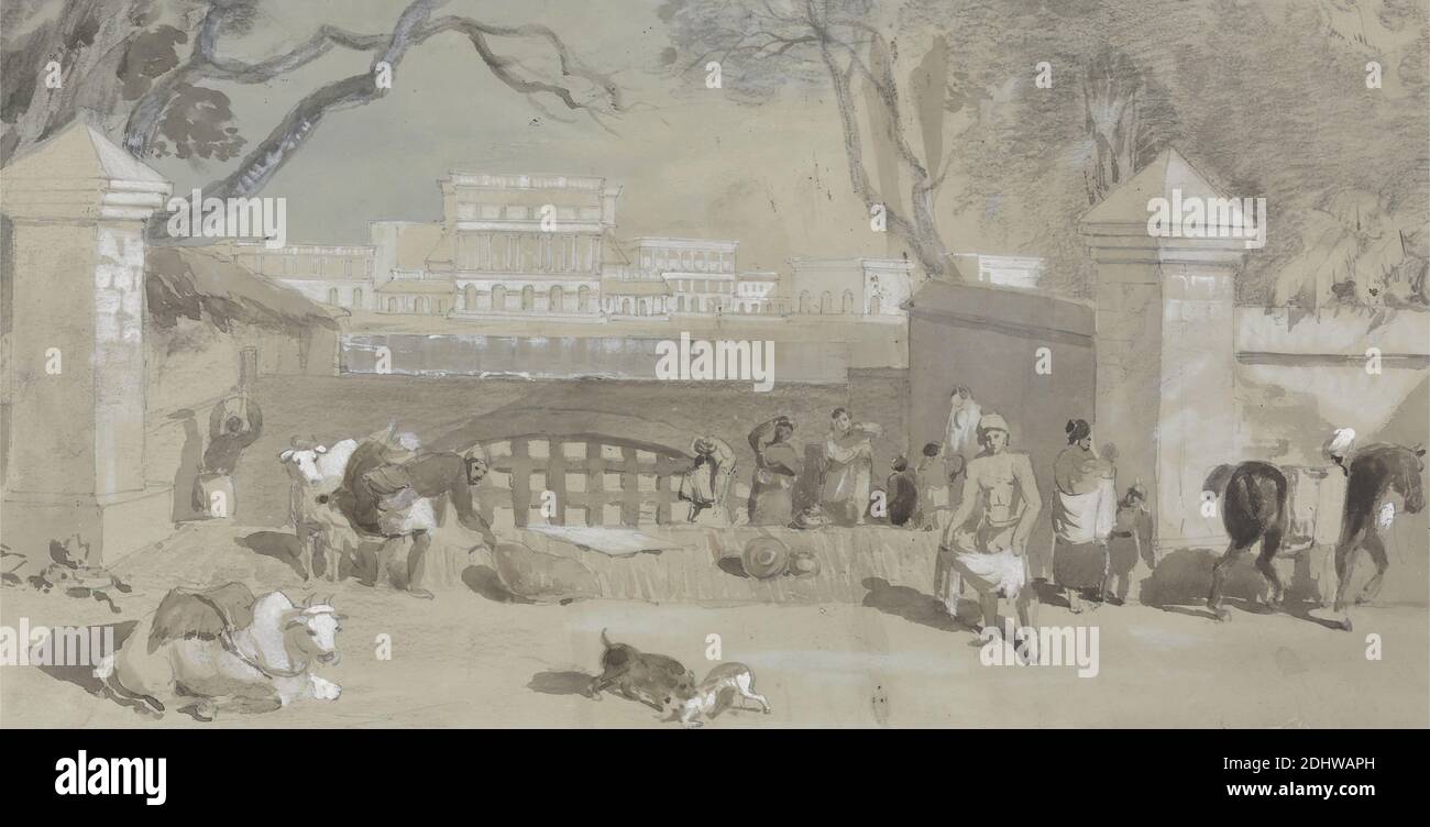 Vista di Calcutta e dei suoi dintorni:Ufficio del Consiglio dei redditi del Sudder da Kyd Street - Calcutta, Sir Charles D'Oyly, 1781–1845, britannico, attivo in India, non saturato, acquerello, gouache bianco, grafite, e lavaggio grigio su carta wove moderatamente spessa, moderatamente testurizzata, blu/grigio, Monte: 8 11/16 × 15 1/8 pollici (22.1 × 38.4 cm) e foglio: 7 3/16 × 14 pollici (18.3 × 35.6 cm), soggetto architettonico Foto Stock