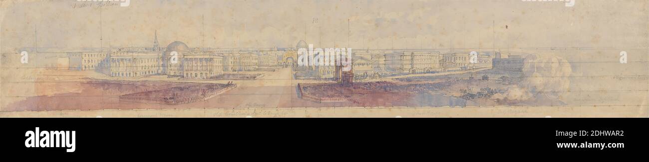 Old Courthouse Street on Tank Square, Sir Charles D'Oyly, 1781â–1845, inglese, attivo in India, non satinato, acquerello, con penna, inchiostro grigio, e grafite su carta spessa, moderatamente testurizzata, beige, wove, foglio: 4 7/16 Ã – 22 1/2 pollici (11.3 Ã – 57.2 cm), soggetto architettonico Foto Stock