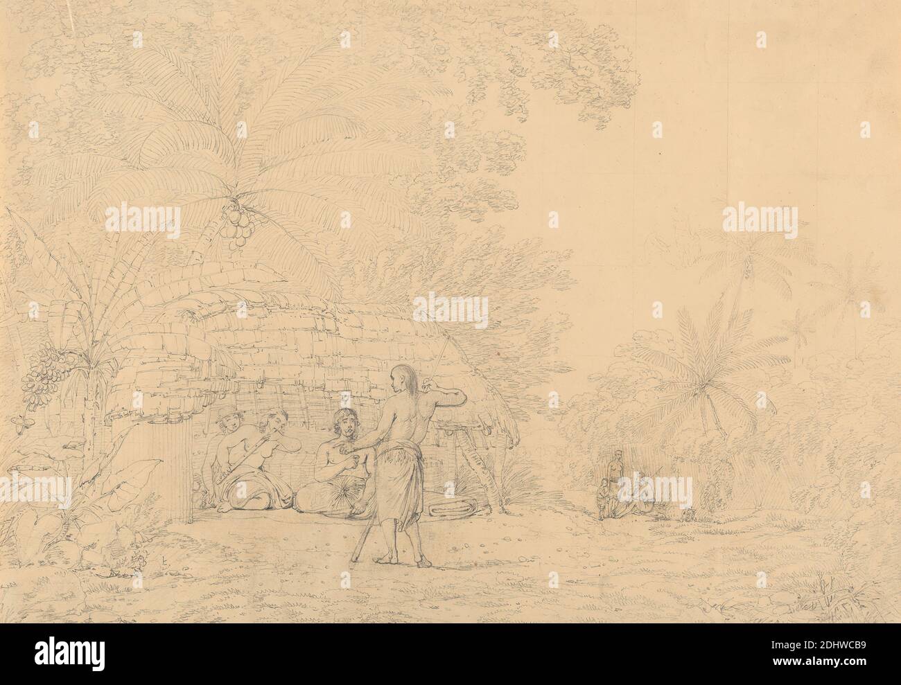 A View in Annamooka, John Webber, 1752–1793, inglese, ca. 1790, grafite, squadrato per il trasferimento su carta media, leggermente testurizzata, carta di wove crema, foglio: 11 × 15 3/4 pollici (27.9 × 40 cm), soggetto architettonico Foto Stock