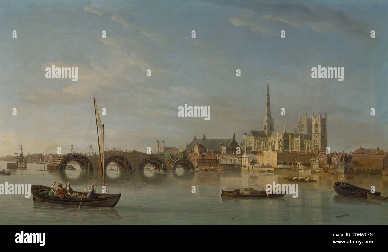 The Building of Westminster Bridge, Samuel Scott, 1701/2-1772, British, ca. 1742, olio su tela, supporto (PTG): 27 x 47 pollici (68.6 x 119.4 cm), abbazia, barche, ponte (lavori costruiti), edificio, paesaggio urbano, paesaggio urbano, costruzione, fiume, barche a remi, città di Westminster, Inghilterra, Europa, Grande Londra, Londra, Tamigi, Regno Unito, Westminster, Abbazia di Westminster, ponte di Westminster Foto Stock
