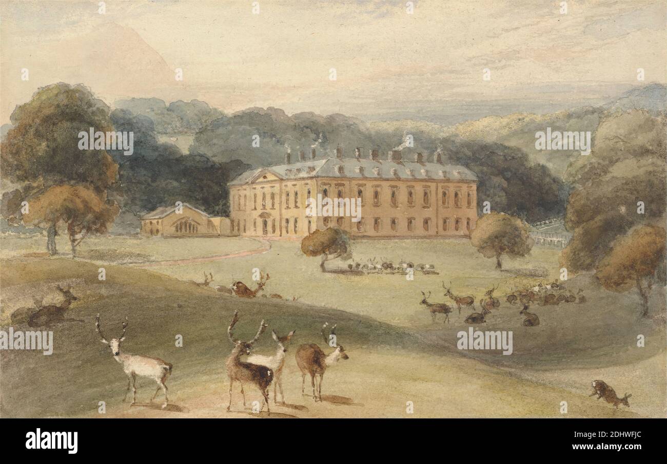 Althorp House, Northamptonshire, William Daniell, 1769–1837, inglese, senza data, acquerello e grafite con raschiatura su carta di wove di spessore moderato, leggermente testurizzata, foglio: 4 3/8 x 6 7/8 pollici (11.1 x 17.5 cm), soggetto architettonico, casa di campagna, cervi, campi, colline, paesaggio, palazzo, alberi, Althorp, Inghilterra, Europa, Northamptonshire, Regno Unito Foto Stock
