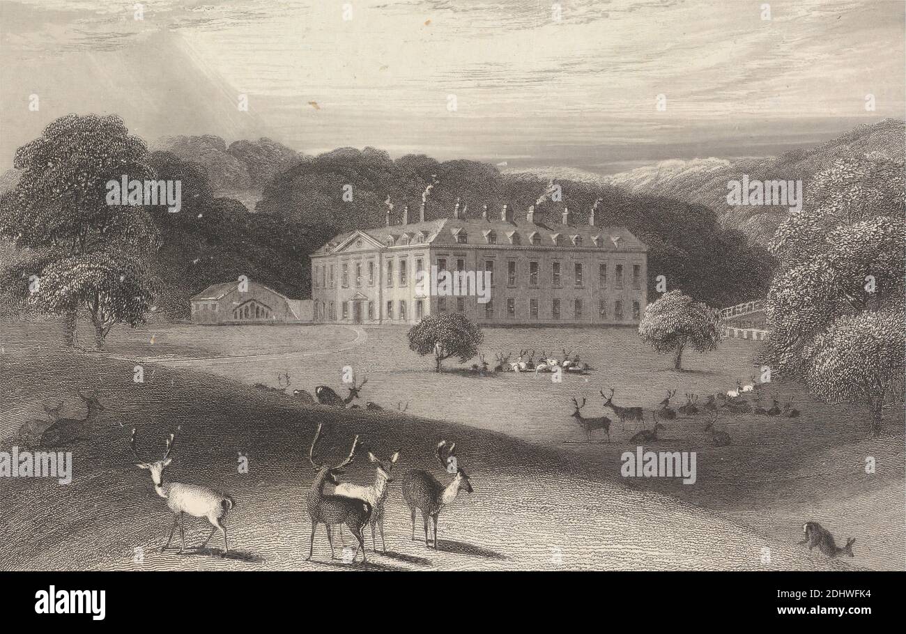 Althorp Castle, Northamptonshire, James Redway, attivo 1827–1838, dopo William Daniell, 1769–1837, inglese, non satinato, incisione e incisione su carta di wove crema di spessore moderato, leggermente testurizzata, con collé di creme, foglio: 10 1/2 x 26.7 cm (8 x 20.3 pollici), piatto: 6 7/8 x 10 pollici (17.5 x 25.4 cm), foglio: 6 3/4 x 9 3/4 pollici (17.1 x 24.8 cm), e immagine: 4 3/8 x 6 7/8 pollici (11.1 x 17.5 cm), soggetto architettonico, casa di campagna, cervi, colline, paesaggio, palazzo, alberi, Althorp, Inghilterra, Europa, Northamptonshire, Regno Unito Foto Stock