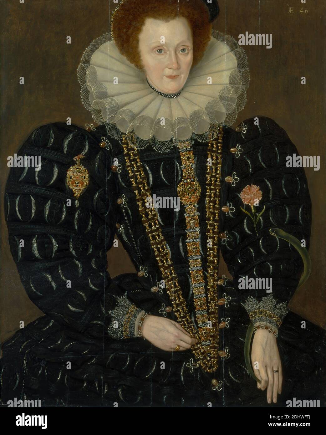 Una donna chiamata Lady Elizabeth Knighley, Marcus Gheeraerts il giovane, 1561–1635, fiammingo, attivo in Gran Bretagna (dal 1568), 1591, olio su pannello, supporto (PTG): 36 3/4 x 28 1/4 pollici (93.3 x 71.8 cm), catena, costume, cresta, fiore (pianta), fiori (piante), merletto, ritratto, anello, ruff, serpente, Tudor, ricchezza, donna Foto Stock