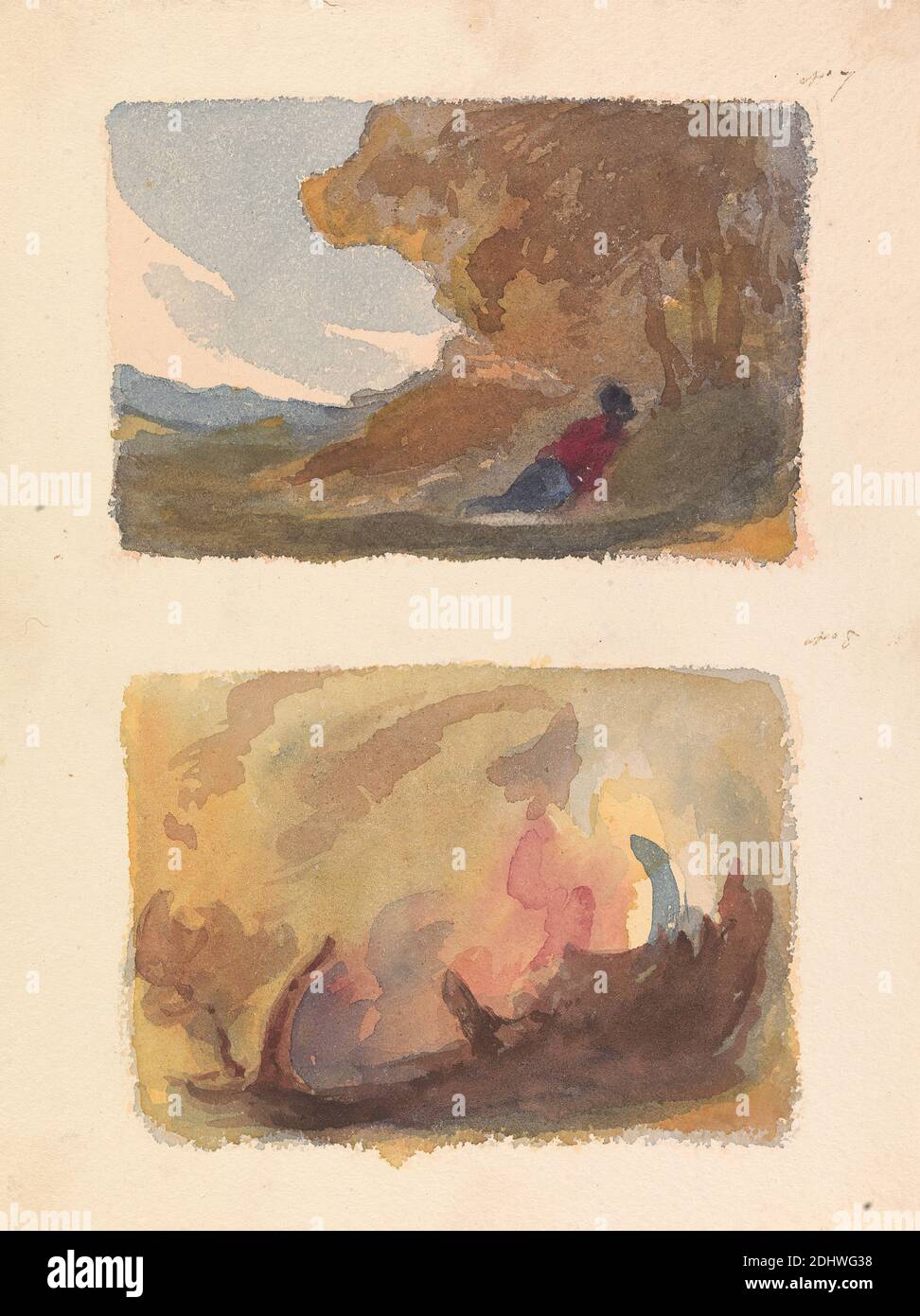 Due disegni su un foglio: Paesaggio con figura che si affaccia contro la collina - Tiziano e Scuola Veneziana (n. 7); Paesaggio - varietà di lavaggi acquerelli (n. 8), Thomas Sully, 1783–1872, americano, non trattato, acquerello e gouache su carta di spessore moderato, ruvida, crema, wove, foglio: 9 15/16 × 7 1/2 pollici (25.2 × 19.1 cm Foto Stock