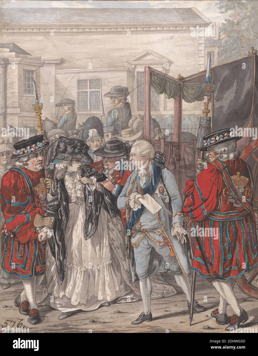 Margaret Nicholson tentò di assassinare sua Maestà, Giorgio III, all'ingresso del Giardino del St. James's Palace, 2 agosto 1786, Robert Dighton, 1752–1814, British, 1786, acquerello, penna, inchiostro nero, grafite, e gouache su carta media, leggermente testurizzata, a crema, foglio: 12 7/8 x 10 1/8 pollici (32.7 x 25.7 cm), assassinio, giardino, soggetto storico, monarchia, palazzo, Inghilterra, Europa, Grande Londra, Londra, Regno Unito Foto Stock