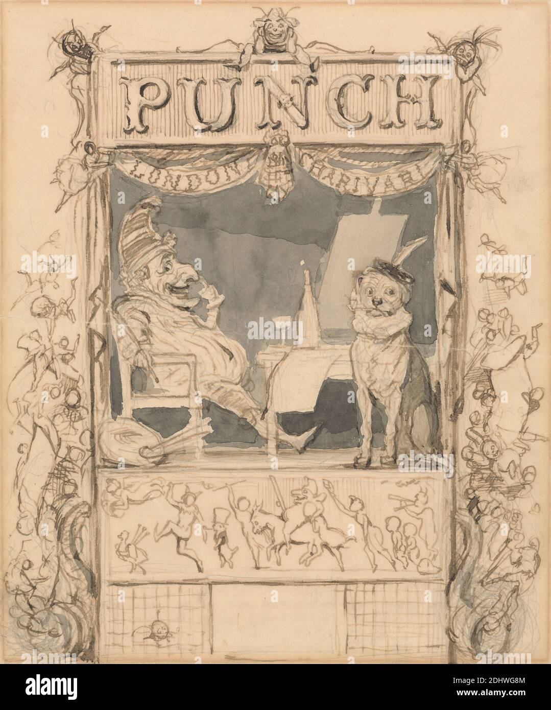 Disegno per la pagina del titolo del pugno, Richard Doyle, 1824–1883, britannico, non satinato, grafite, penna, e lavaggio su carta media, leggermente testurizzata, wove beige, foglio: 9 x 7 1/2 pollici (22.9 x 19.1 cm), caricatura, disegno, diavolo, cane (animale), figure, rivista, tavolozza, punzone, pagina del titolo Foto Stock