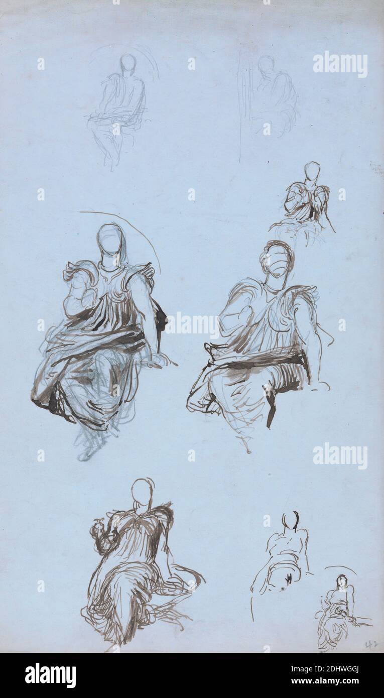 Studi di una figura seduta drappeggiato con un libro, George Frederick Watts, 1817–1904, inglese, non datato, inchiostro penna e marrone e grafite su carta media, liscia, blu wove, foglio: 13 9/16 × 8 1/16 pollici (34.4 × 20.5 cm), libro, figura, studio della figura, seduta Foto Stock