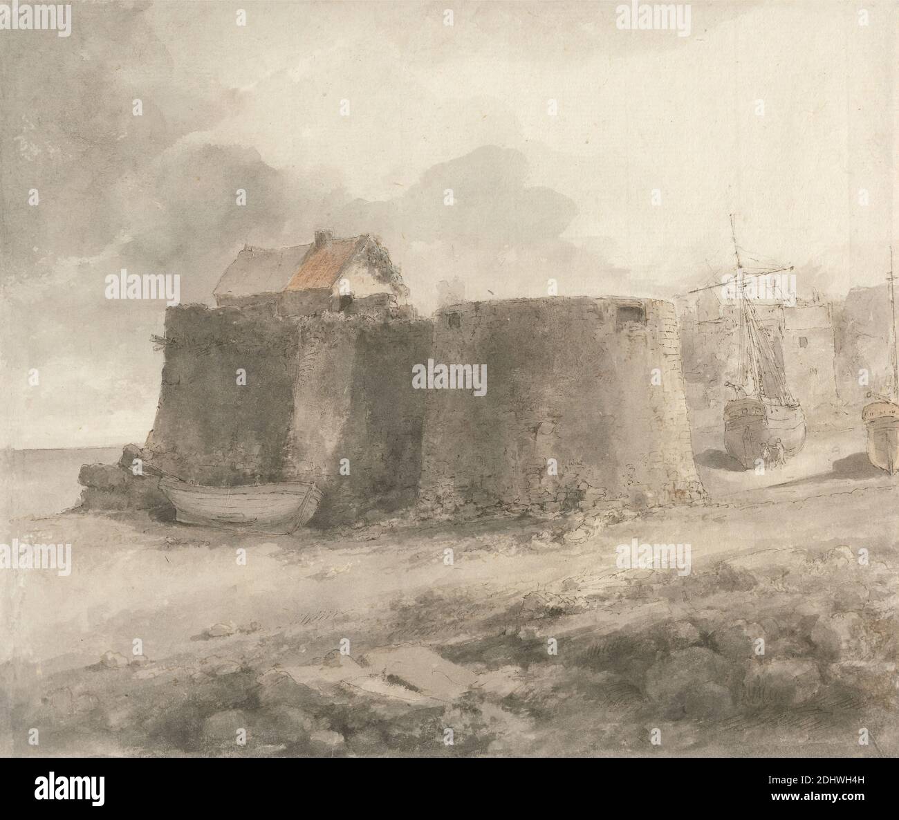 Tenby, Eneage Finch quarto Conte di Aylesford, 1751–1812, britannico, non satinato, penna, inchiostro grigio, inchiostro marrone, lavaggio grigio e lavaggio marrone su carta sottile, leggermente testurizzata, crema, foglio: 8 3/8 × 9 3/4 pollici (21.3 × 24.8 cm), soggetto architettonico, porto, paesaggio, pareti, Europa, Pembrokeshire, Tenby, Regno Unito, Galles Foto Stock