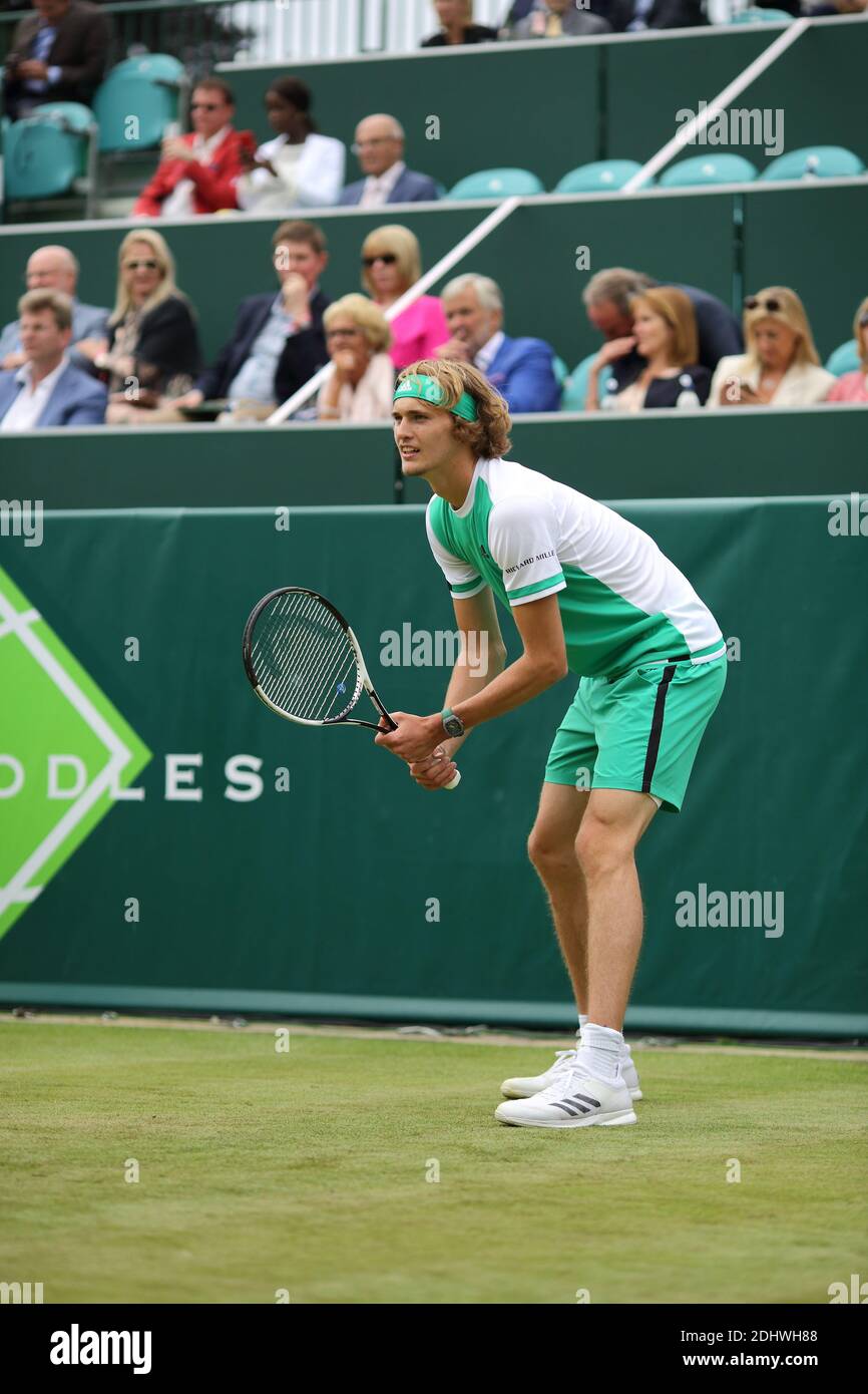 Alexander Zverev (GER) contro Thanasi Kokkinakis (AUS) al Boodles 2017 nel warm-up a Wimbledon. Foto Stock