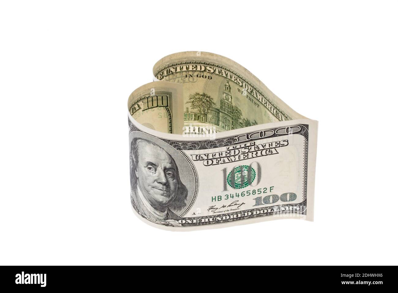 100 dollari USA in Herzform Foto Stock