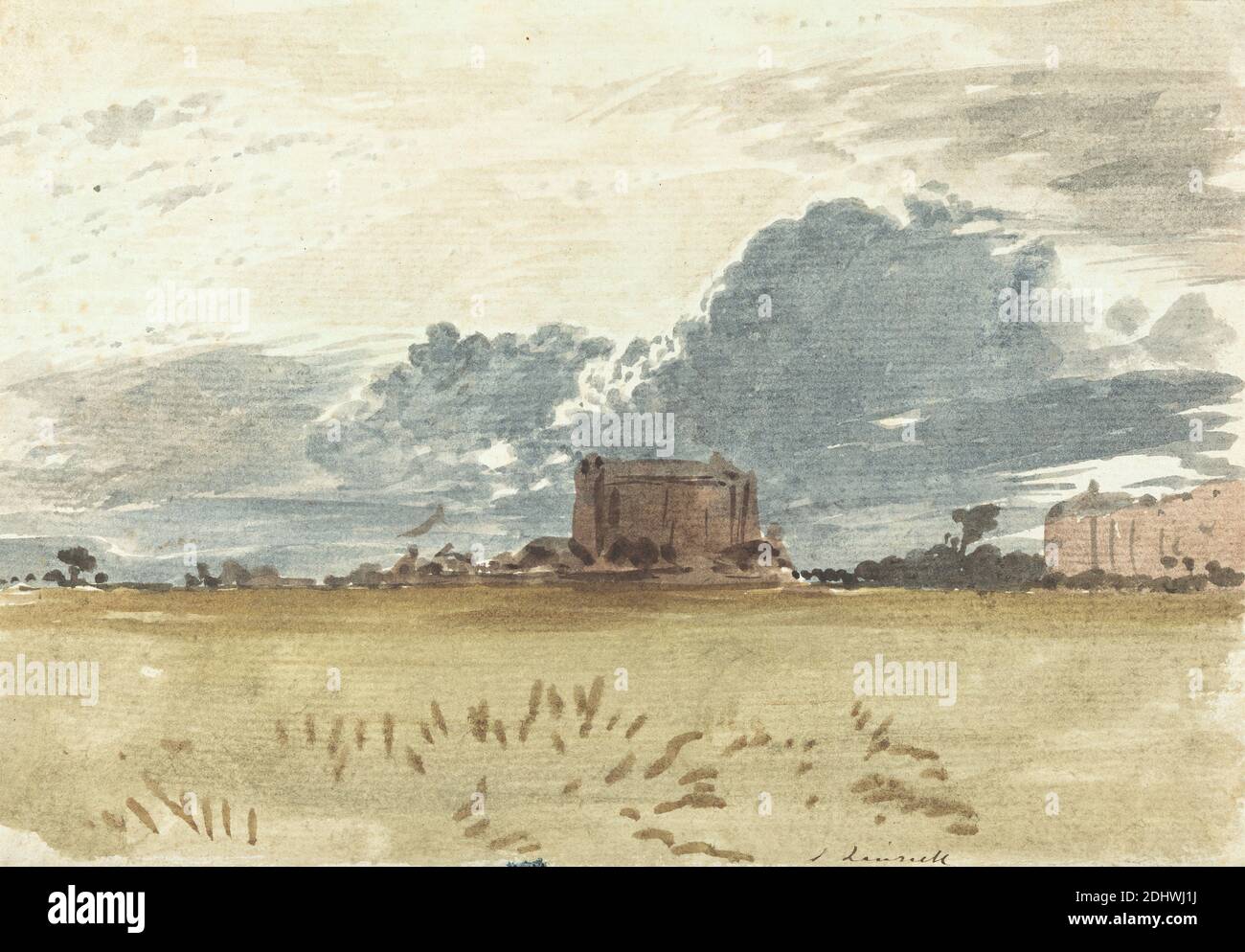 A View of the Fens, John Linnell, 1792–1882, inglese, non satinato, acquerello su carta leggermente spessa, leggermente testurizzata, panna, Contemporary Drawn Border: 12 3/8 x 31.4 cm (9 x 22.9 pollici) e foglio: 6 3/8 x 9 1/4 pollici (16.2 x 23.5 cm), costruzione, nuvole, galline, campi, erbe, paesaggio, colate, zone umide Foto Stock