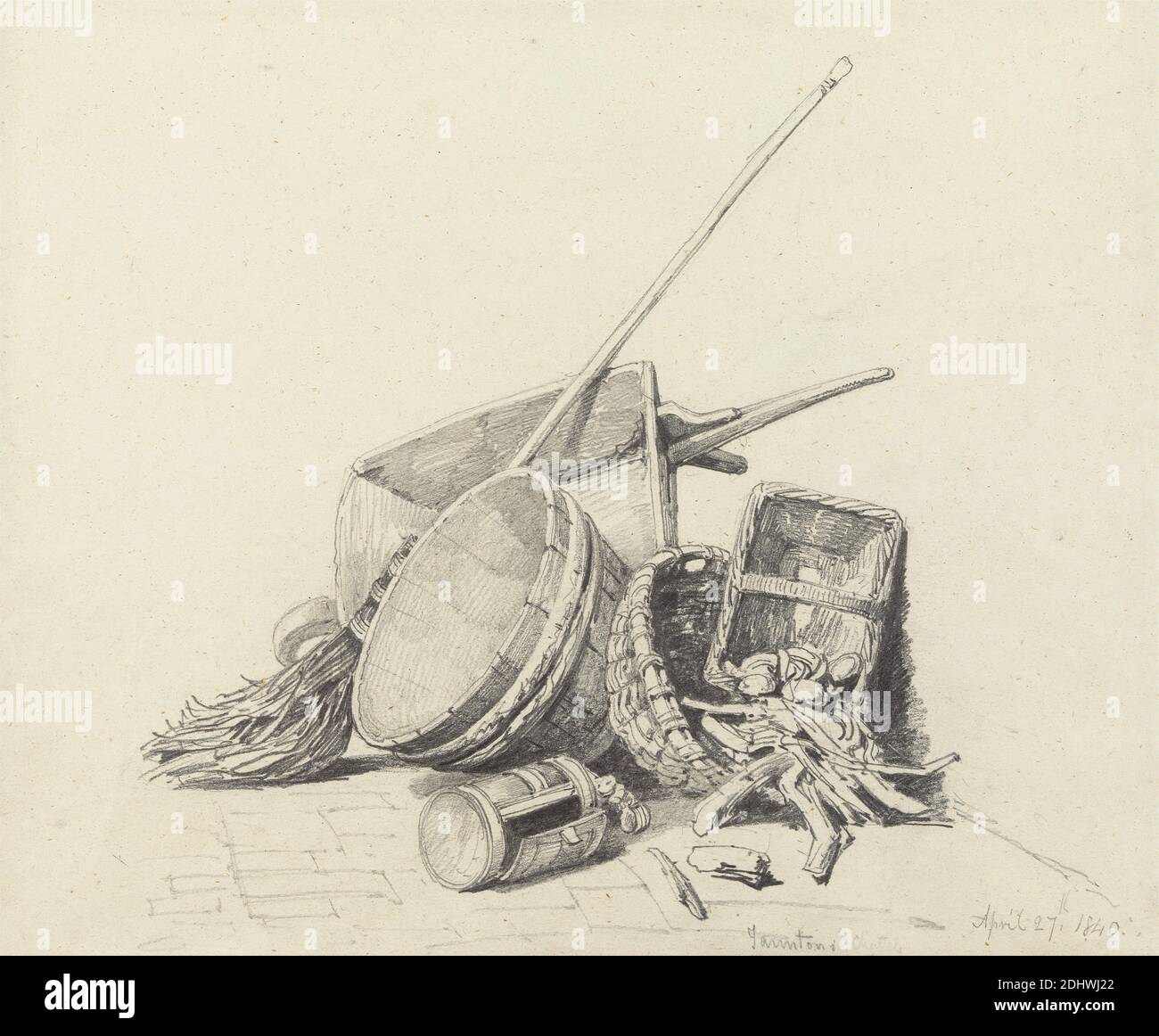 Still Life with Wheelbarrow and cesti, 27 aprile 1840, Henry Harris Lines, 1801–1899, British, 1840, grafite su carta media, liscia, crema wove, foglio: 8 5/8 × 10 3/8 pollici (21.9 × 26.4 cm), cestini, mop, still life, carriola Foto Stock