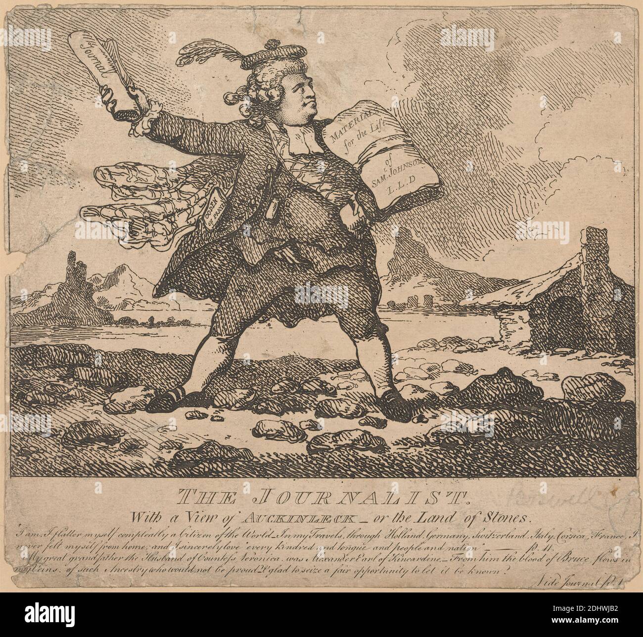 Il giornalista, con una visione di Auchinleck o la terra di pietre, Thomas Rowlandson, 1756–1827, britannico, dopo Samuel Collings, attivo 1784–1795, britannico, 1786, caricature, costa, giornale, tema letterario, rocce (forme di terra), Auchinleck, Ayrshire orientale, Scozia, Regno Unito Foto Stock