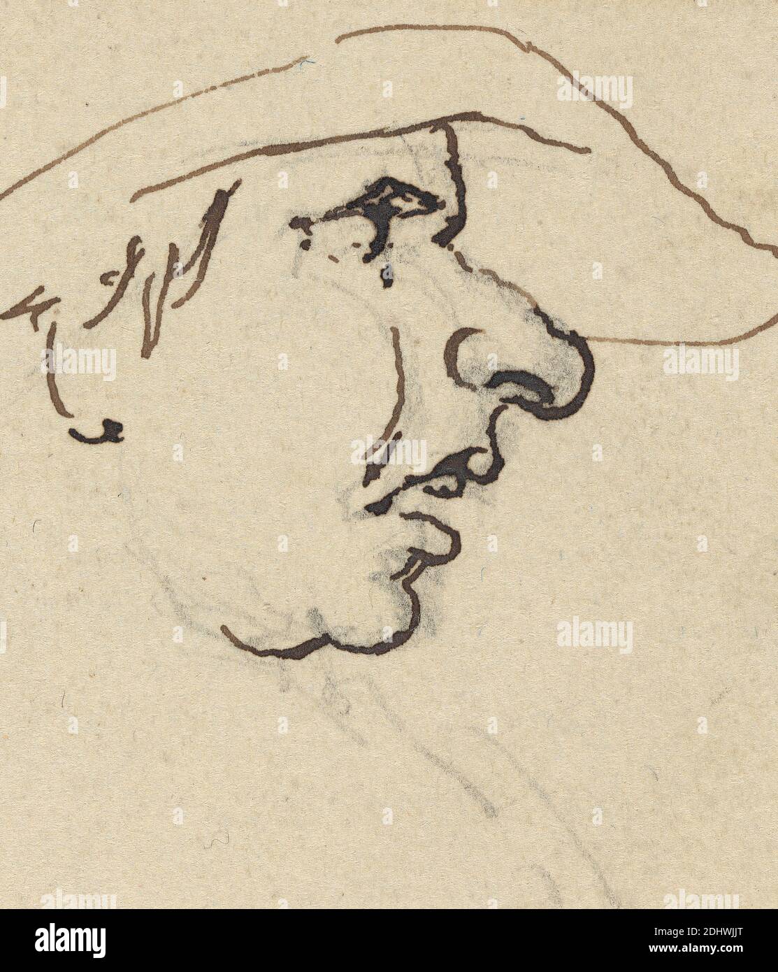 Profilo dell'uomo con cappello a naso largo, Joseph Cartwright, c.1789–1829, inglese, non satinato, penna, in inchiostro marrone e grafite su terreno, leggermente testurizzato, beige, carta wove, montato su, moderatamente spesso, liscio, beige, carta wove, montaggio: 14 3/8 × 16 3/4 pollici (36.5 × 42.5 cm) e foglio: 1 13/16 × 1 5/8 pollici (4.6 × 4.1 cm), verticale Foto Stock