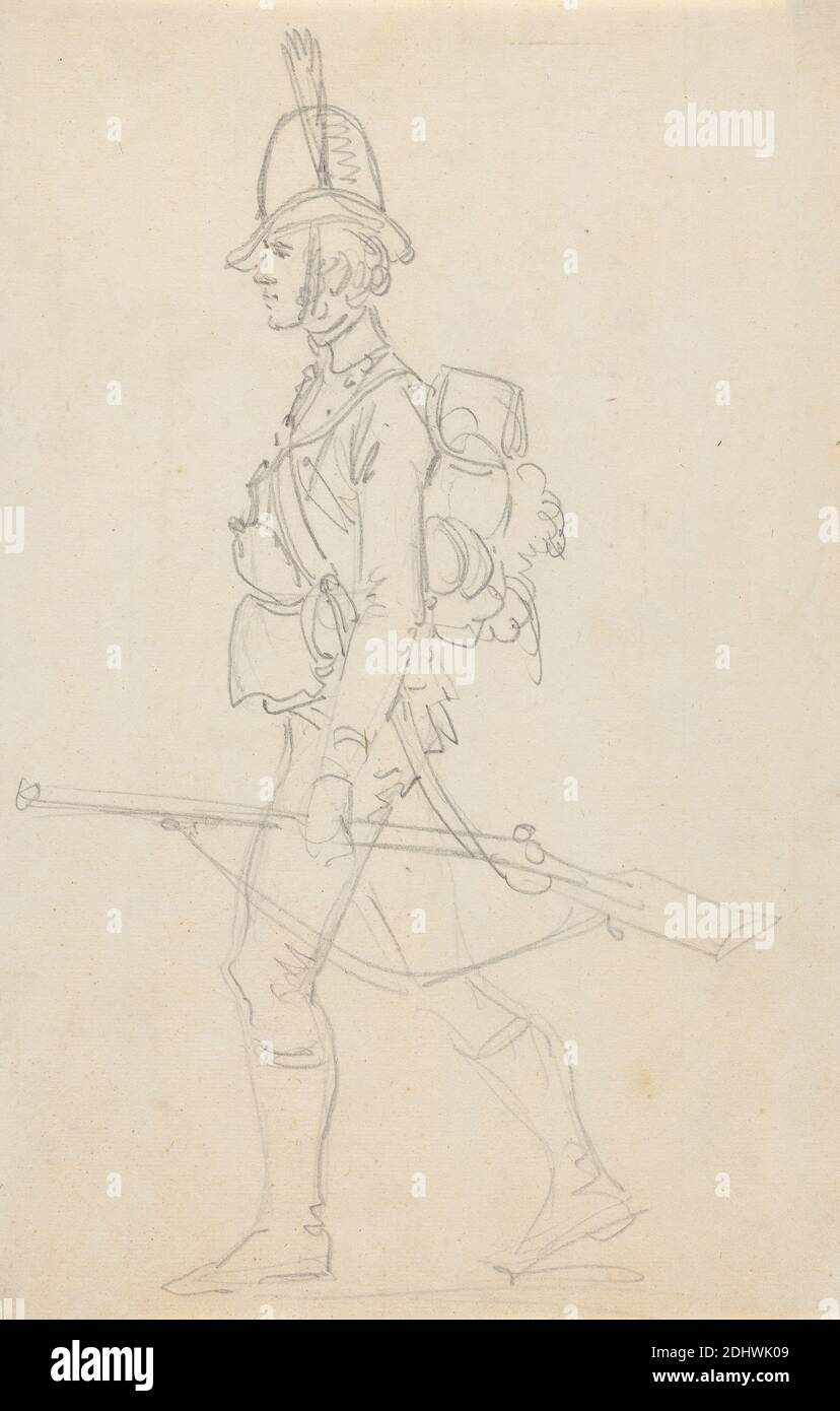 Intera lunghezza della pistola Soldier con la mano e attrezzatura sulla schiena, Joseph Cartwright, c.1789–1829, inglese, non satinato, grafite su media, moderatamente testurizzata, bianca blu, carta deposta, montata su, moderatamente spessa, liscia, beige, carta wove, supporto: 14 1/2 × 42.1 cm (× 16 9/16 36.8 pollici) e foglio: 12 1/4 × 7 15/16 pollici (31.1 × 20.2 cm Foto Stock