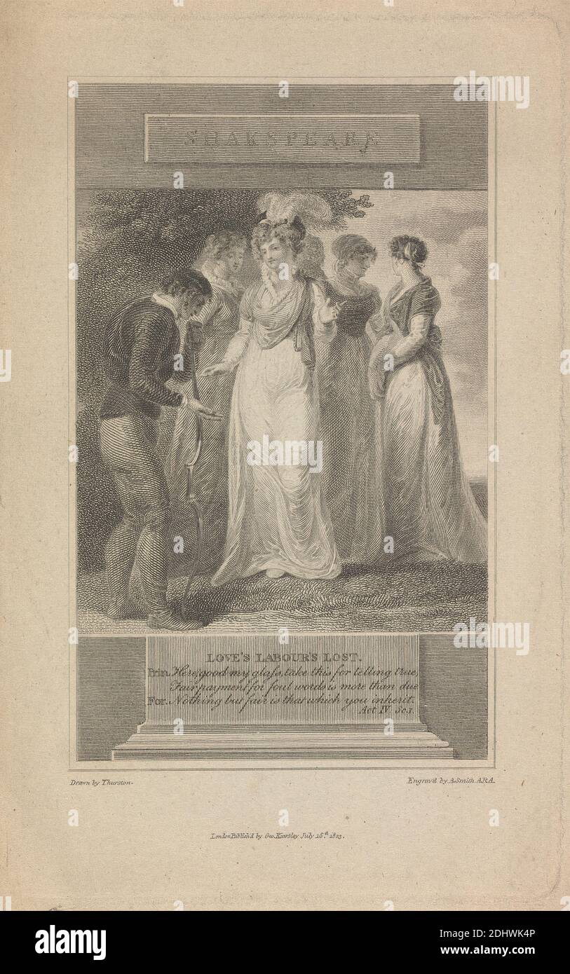 Love's Labor Lost, atto IV, SC. 3, Anker Smith, 1759–1819, British, John Thurston, 1744–1822, British, 16 luglio 1803, Engraving Foto Stock