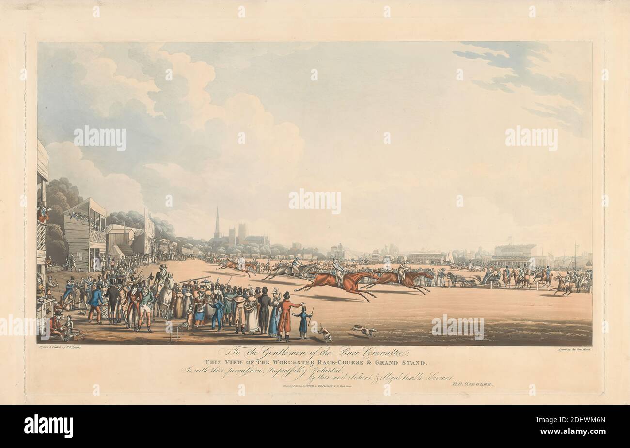 Vista del Worcester Race-Course e Grand Stand, George Hunt, attivo 1820–1840, inglese, dopo Henry Bryan Ziegler, 1793–1874, inglese, 1823, Aquatint, colorato a mano, foglio: 15 7/16 x 23 7/8in. (39.2 x 60,6 cm Foto Stock